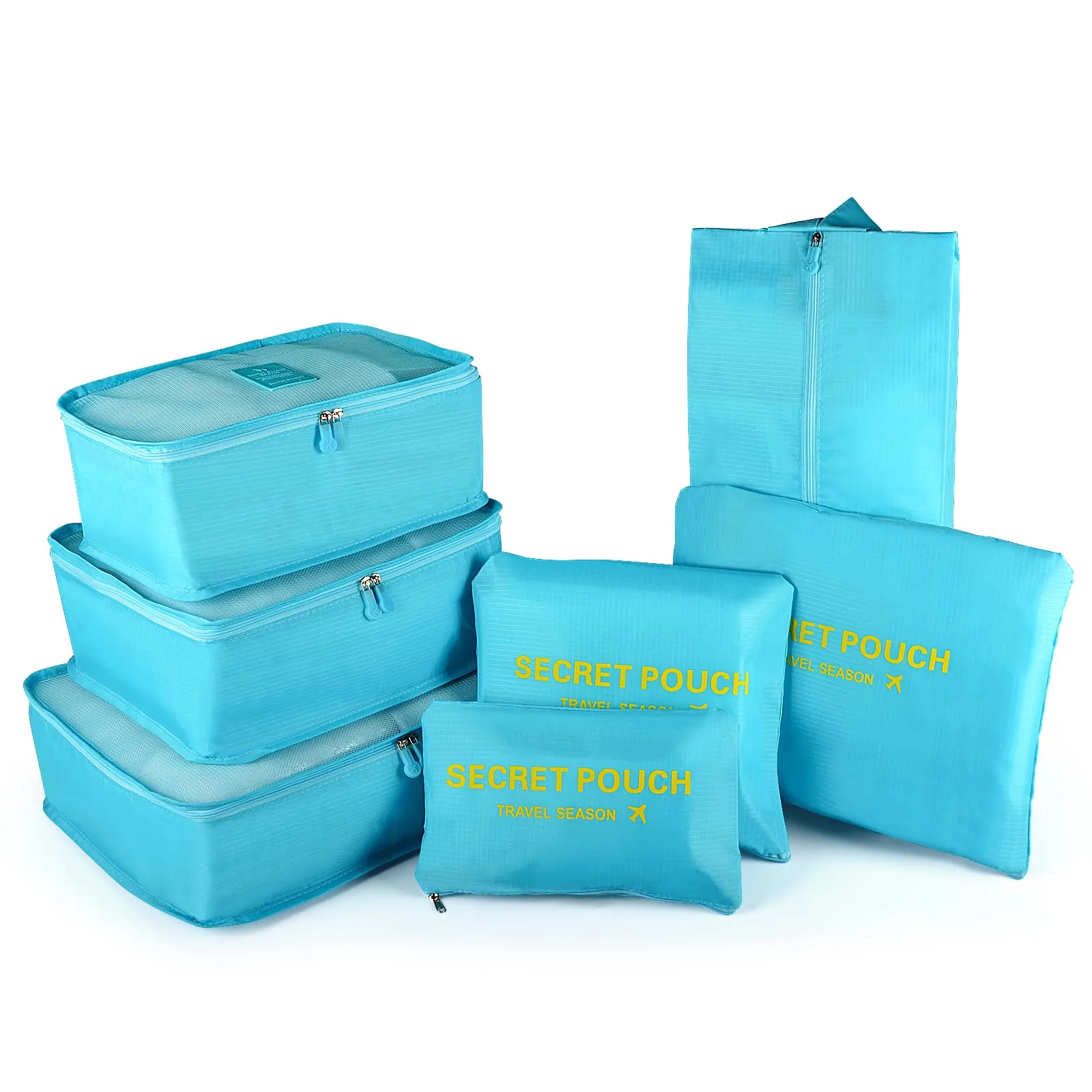 7PCS Travel Packing Cubes for Suitcases, TOYESS Waterproof Nylon Luggage Organiser Storage Bags Value Set for Backpack, Light Blue 7pcs-light Blue