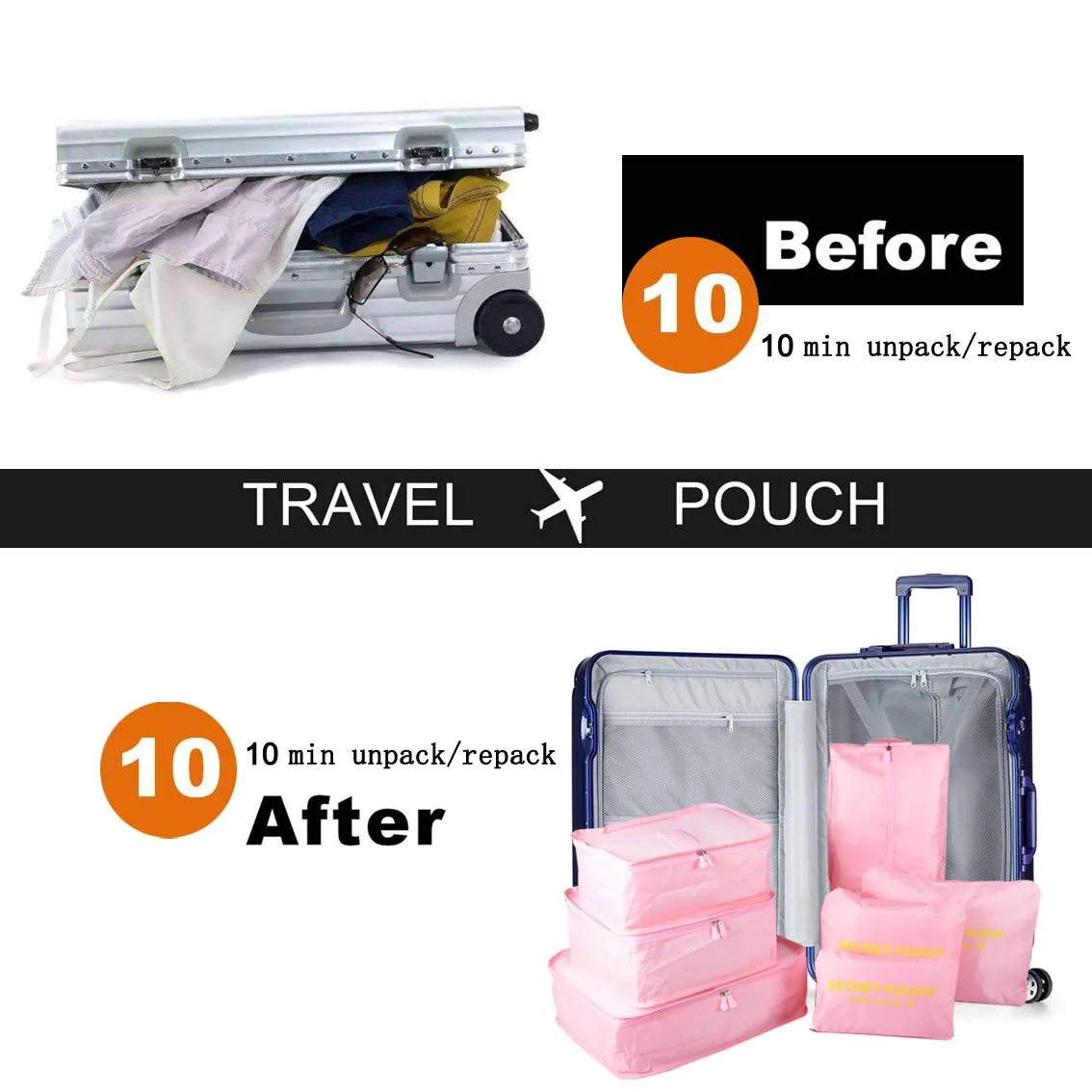 7PCS Travel Packing Cubes for Suitcases, TOYESS Waterproof Nylon Luggage Organiser Storage Bags Value Set for Backpack, Pink 7pcs-pink