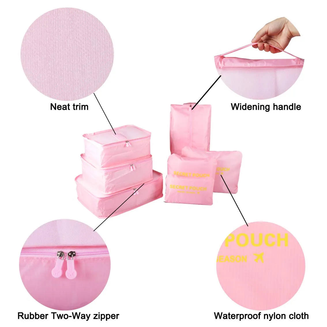 7PCS Travel Packing Cubes for Suitcases, TOYESS Waterproof Nylon Luggage Organiser Storage Bags Value Set for Backpack, Pink 7pcs-pink