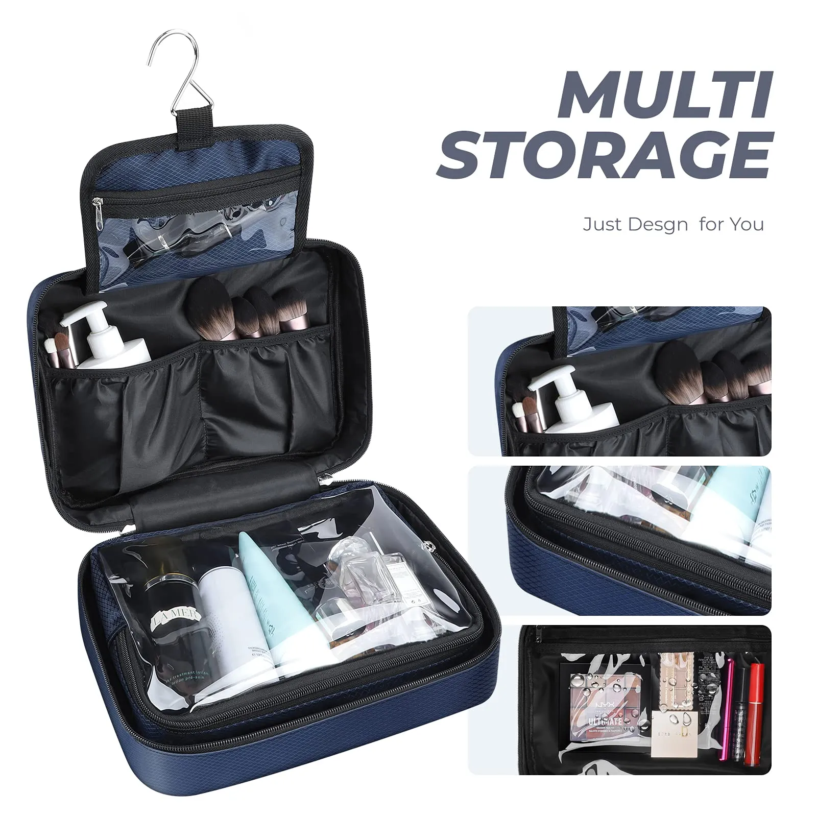 ALLONWAY Toiletry Bag, Travel Hanging Toiletry Bag, Waterproof and Stain Resistant Large Wash Bag for Women and Men, Toiletries Makeup Cosmetic Organizer Bag for Business Trip, Gym and Vacation, Blue