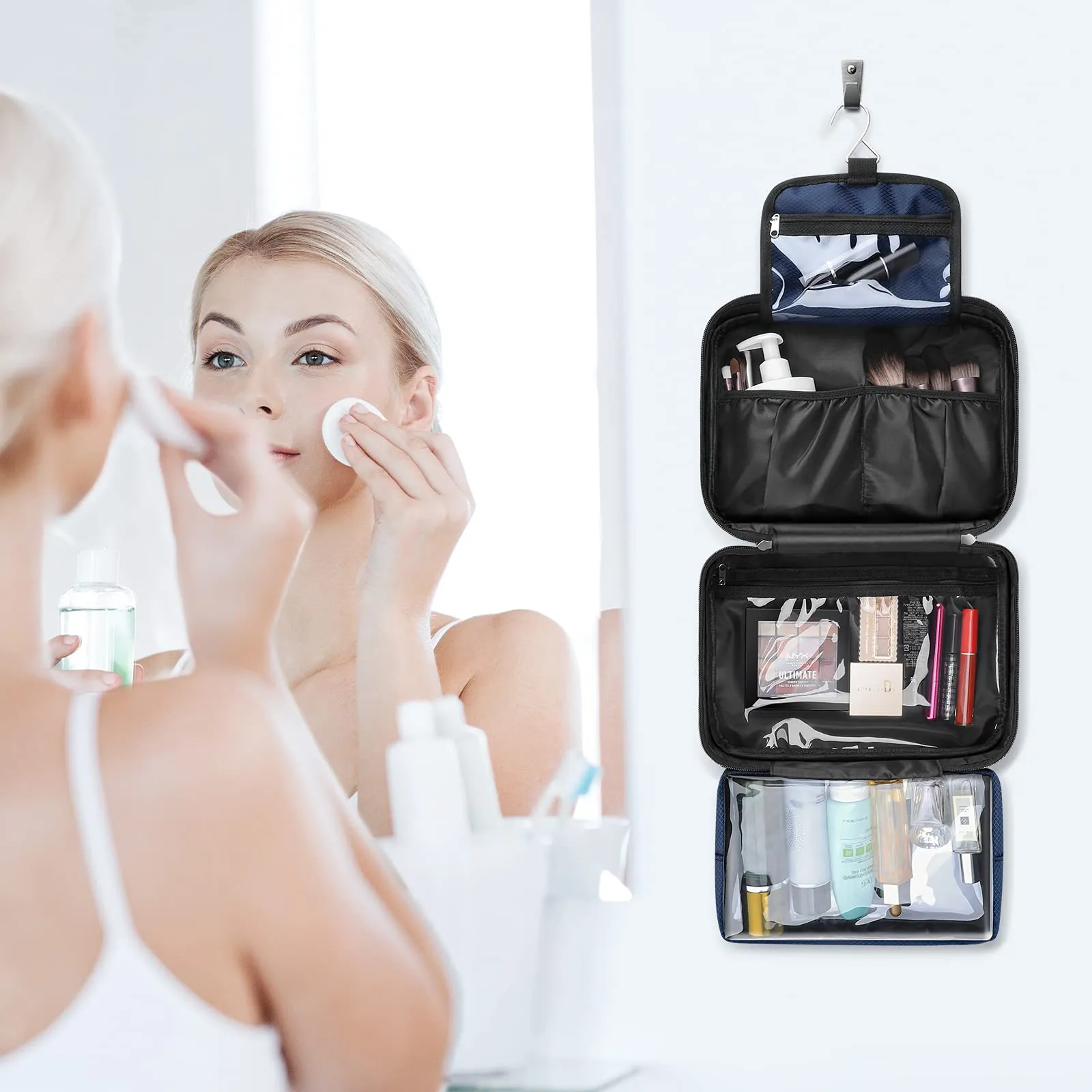 ALLONWAY Toiletry Bag, Travel Hanging Toiletry Bag, Waterproof and Stain Resistant Large Wash Bag for Women and Men, Toiletries Makeup Cosmetic Organizer Bag for Business Trip, Gym and Vacation, Blue