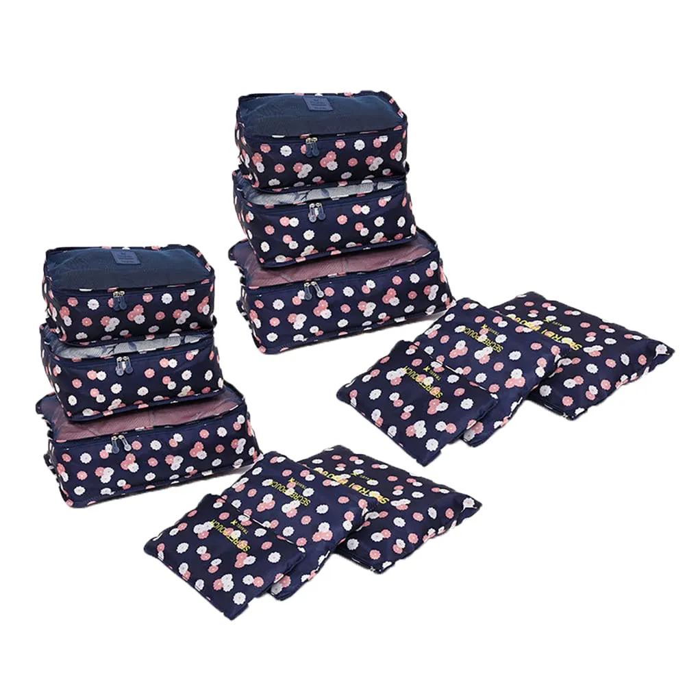 Angeer 12 Pcs Luggage Organiser Set Compression Pouch Packing Cubes Travel Storage Bags Clothes Suitcase (Navy blue flowers) Navy Blue Flowers
