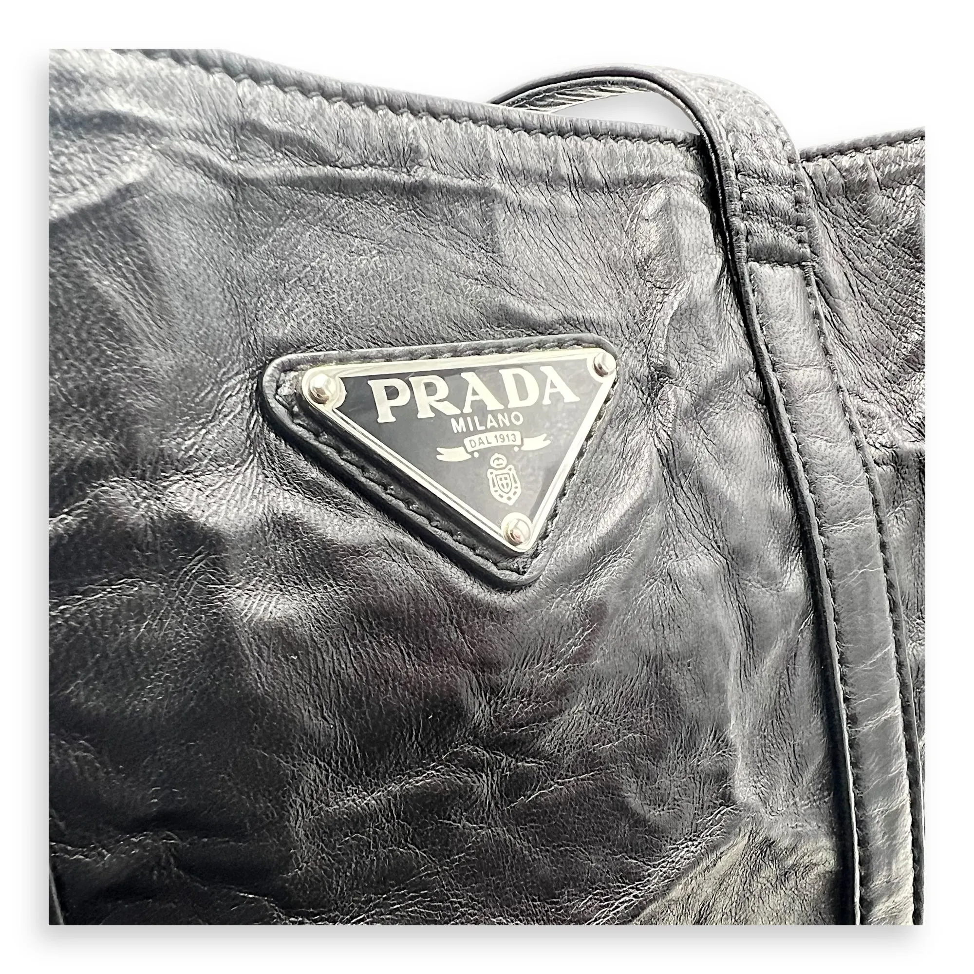 Antique Logo Small Black Tote Bag in Nappa Leather, Silver hardware
