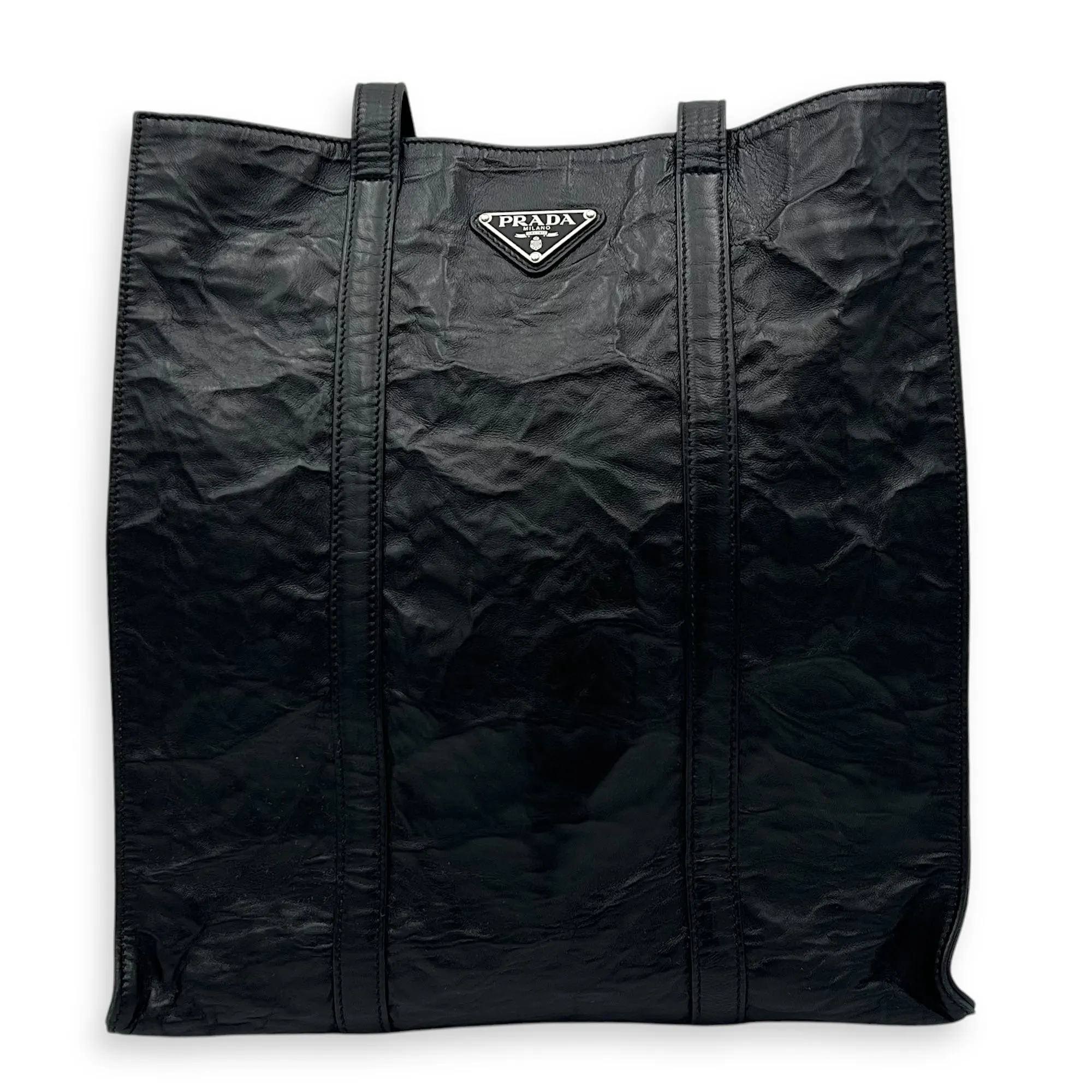 Antique Logo Small Black Tote Bag in Nappa Leather, Silver hardware