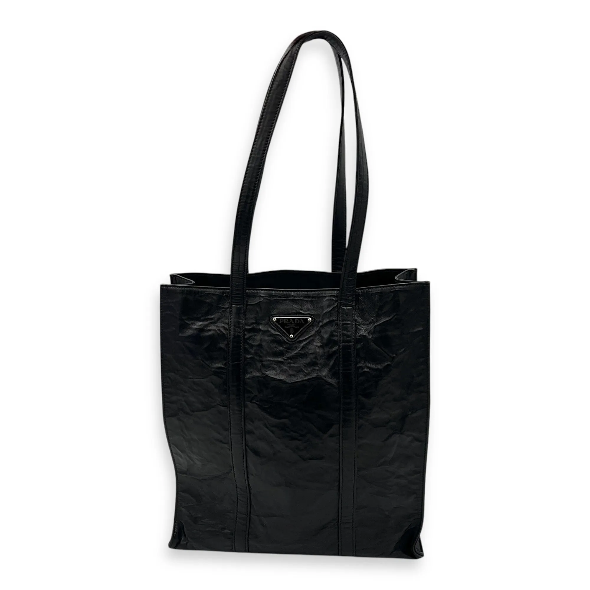 Antique Logo Small Black Tote Bag in Nappa Leather, Silver hardware