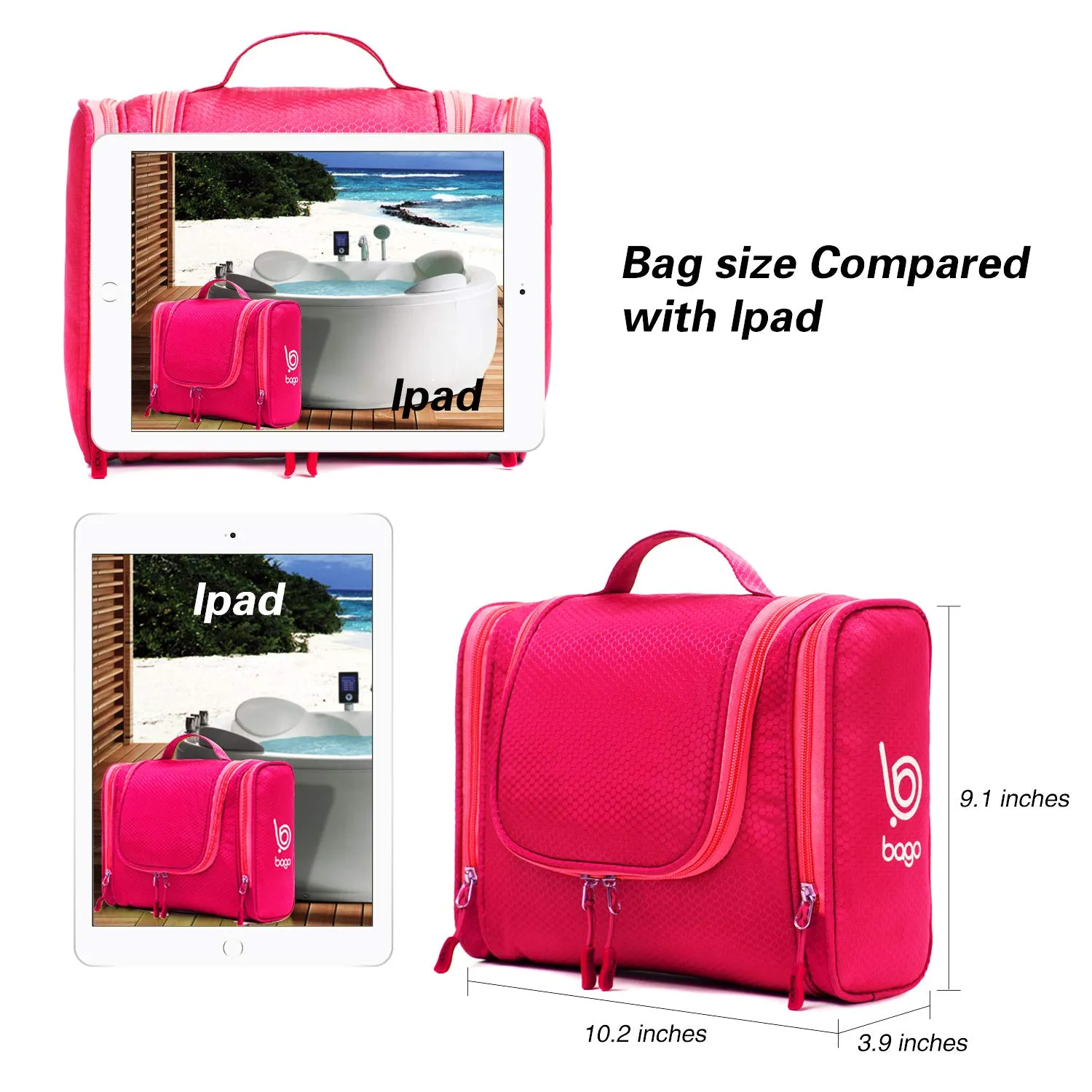 Bago Hanging Toiletry Bag For Women & Men - Leak Proof Travel Bags for Toiletries with Hanging Hook & Inner Organization to Keep Items From Moving - Pack Like a PRO Large Pink