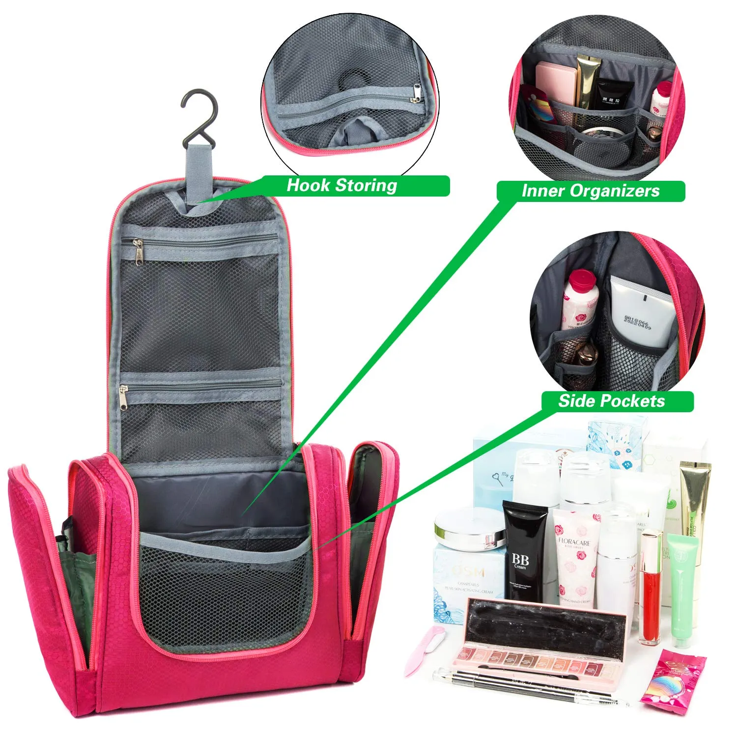Bago Hanging Toiletry Bag For Women & Men - Leak Proof Travel Bags for Toiletries with Hanging Hook & Inner Organization to Keep Items From Moving - Pack Like a PRO Large Pink