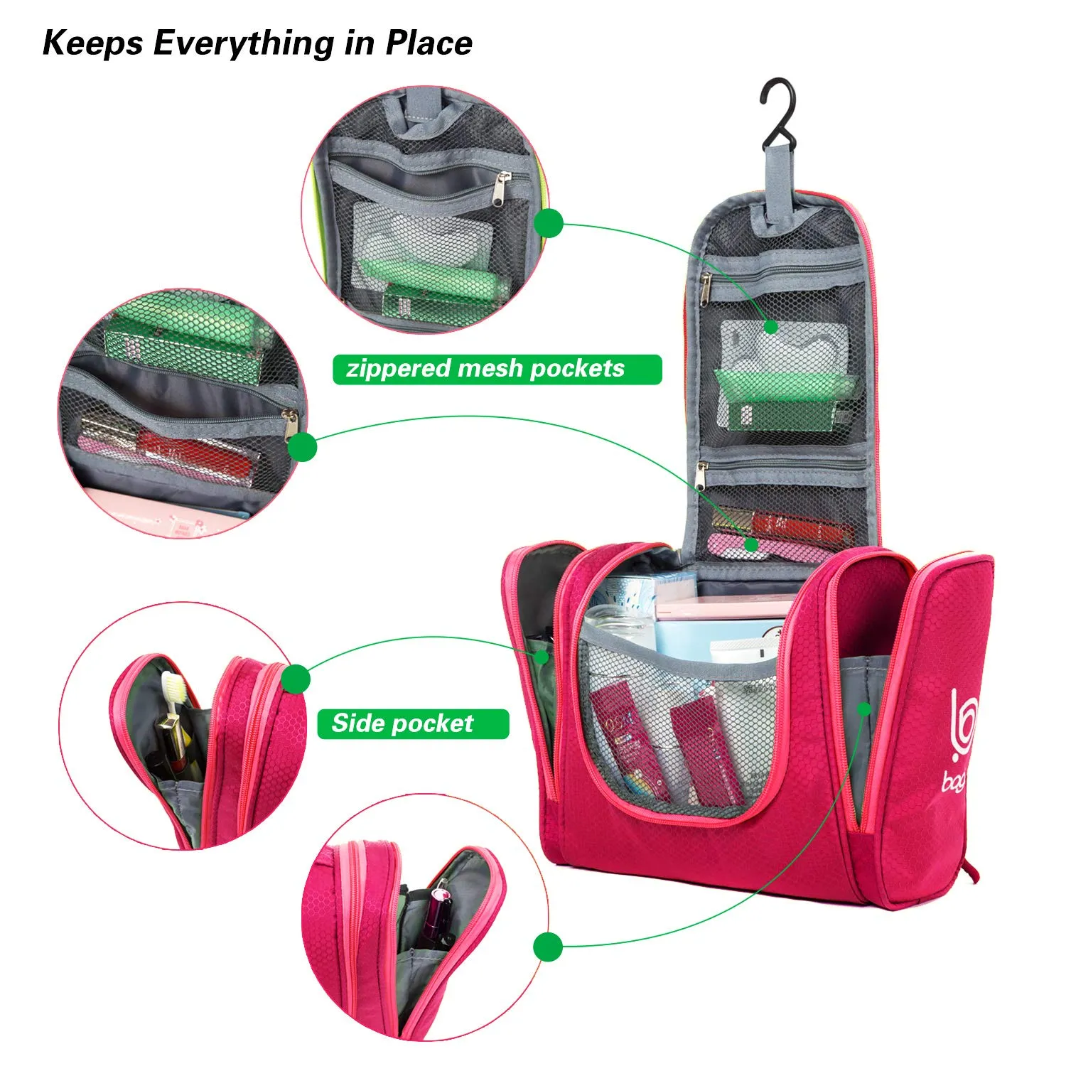 Bago Hanging Toiletry Bag For Women & Men - Leak Proof Travel Bags for Toiletries with Hanging Hook & Inner Organization to Keep Items From Moving - Pack Like a PRO Large Pink