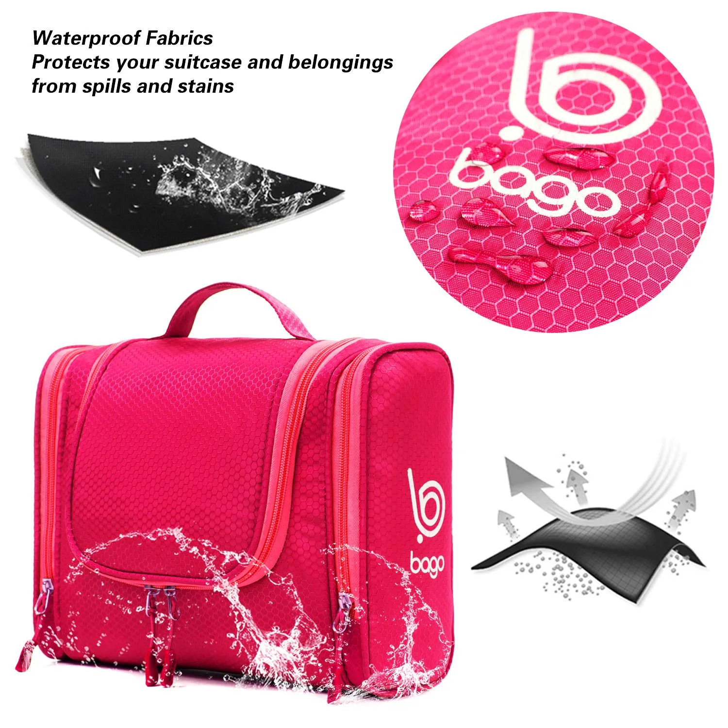 Bago Hanging Toiletry Bag For Women & Men - Leak Proof Travel Bags for Toiletries with Hanging Hook & Inner Organization to Keep Items From Moving - Pack Like a PRO Large Pink