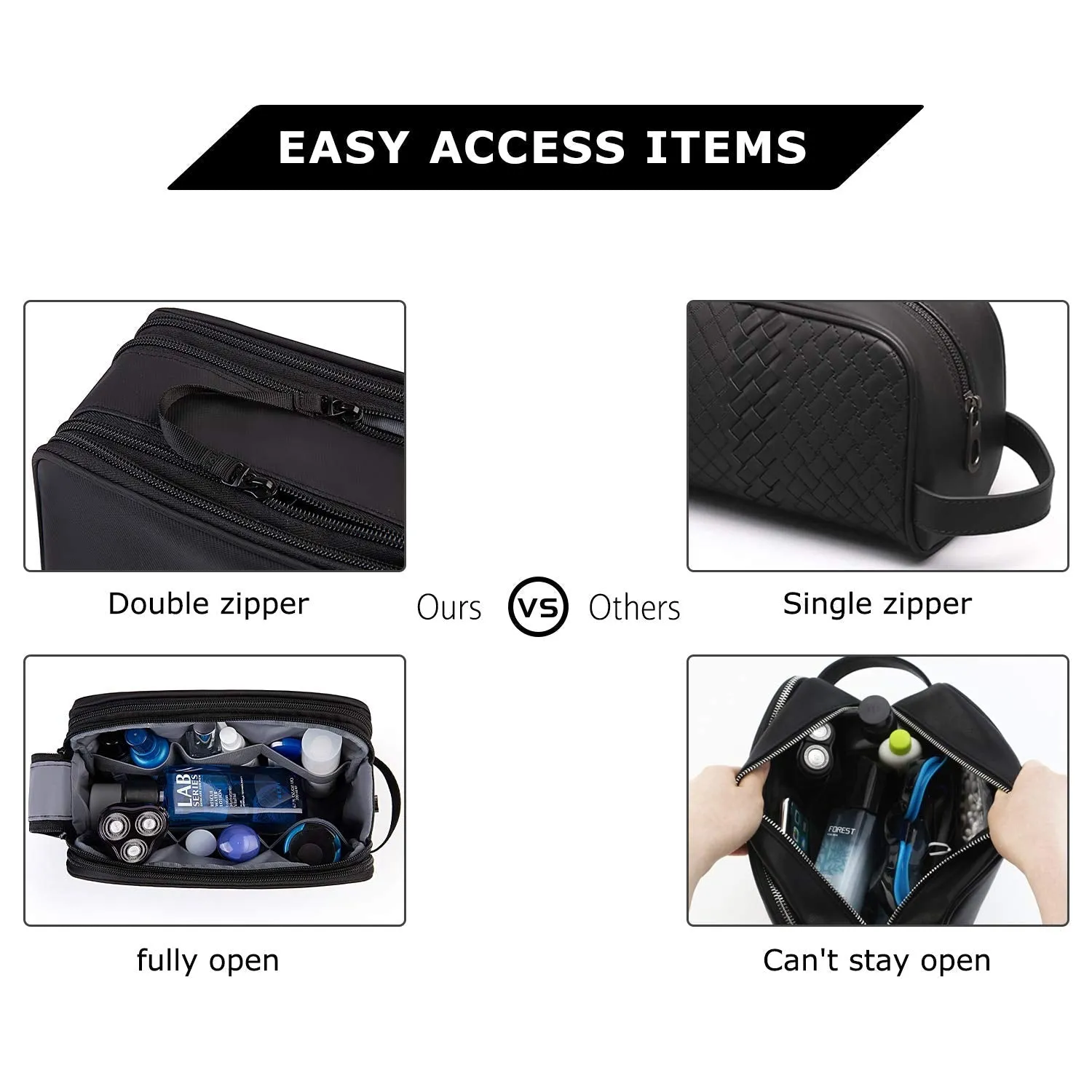 BAGSMART Toiletry Bag for Men Water Resistance Shaving Dopp Kit Overnight Wash Bag Cosmetic Bag Bathroom Toiletries Organizer PU Leather (Black) 1-black Ⅰ-Medium