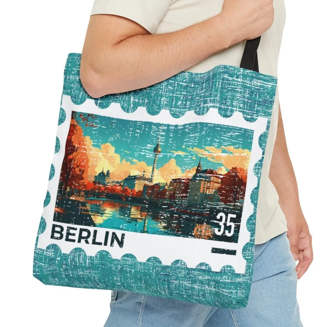 Berlin Postage Stamp Large Tote Bag - German Capital Cityscape on Blue Canvas