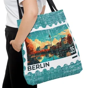 Berlin Postage Stamp Large Tote Bag - German Capital Cityscape on Blue Canvas