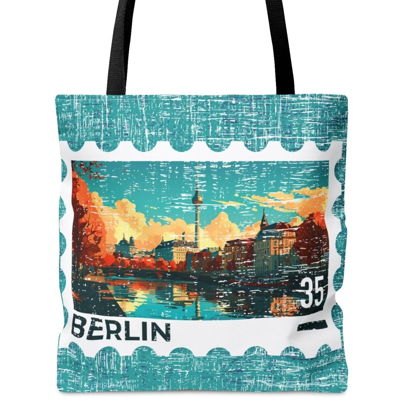 Berlin Postage Stamp Large Tote Bag - German Capital Cityscape on Blue Canvas
