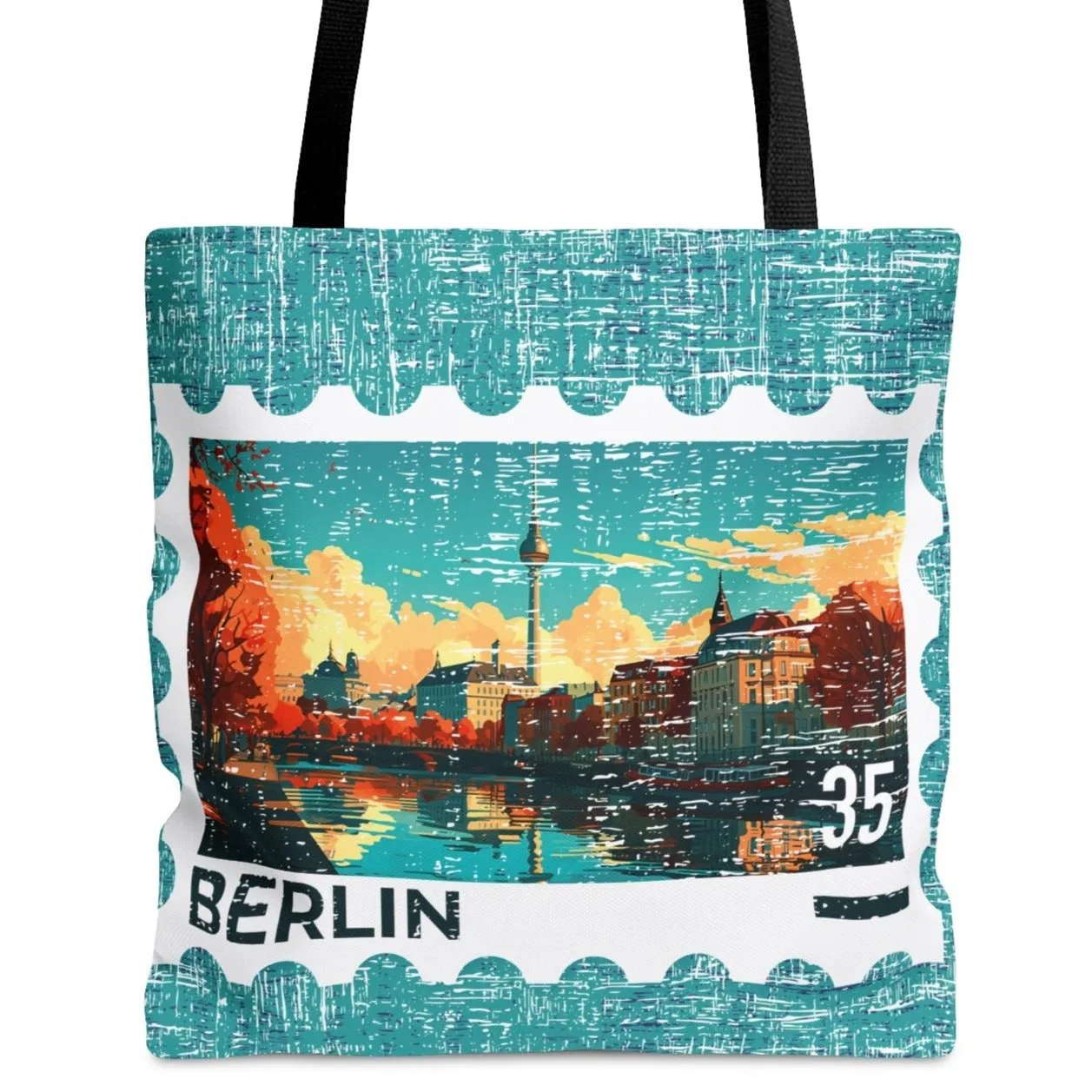 Berlin Postage Stamp Large Tote Bag - German Capital Cityscape on Blue Canvas