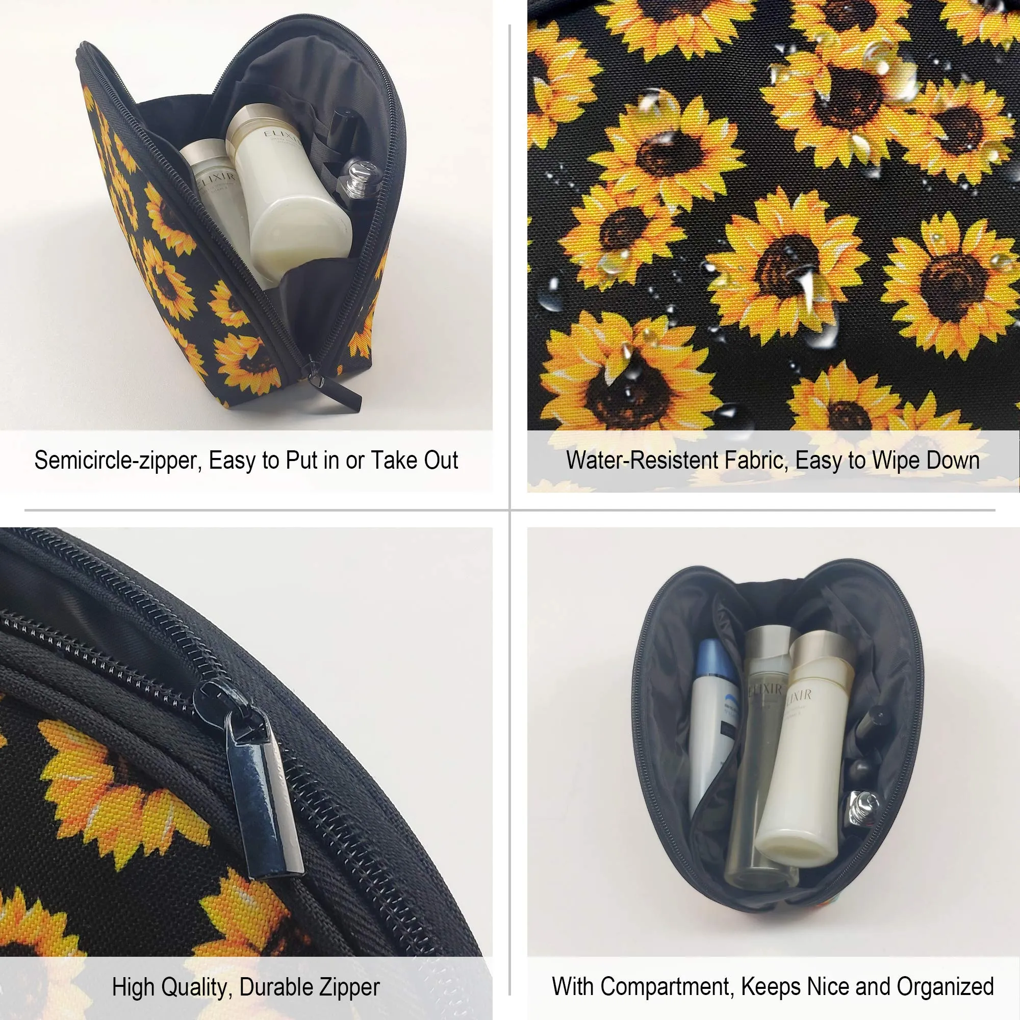 BLUBLU 2PCS Portable Makeup Bags Waterproof Cosmetic Pouch Travel Multifunctional Toiletry Organizer Case for Women & Girls - Sunflower One Size