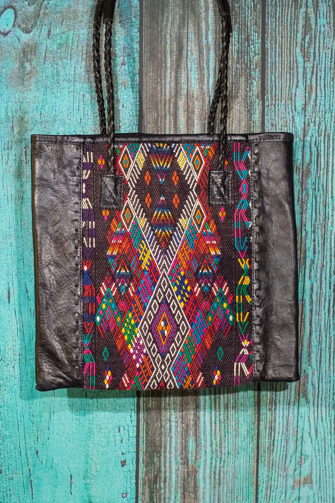 Braided Huipil Leather Tote Bag Purse Veda