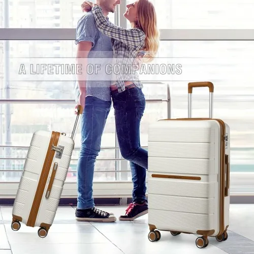 British Traveller 20" Multi-Texture Polypropylene Hard Shell Suitcase with TSA Lock - Cream