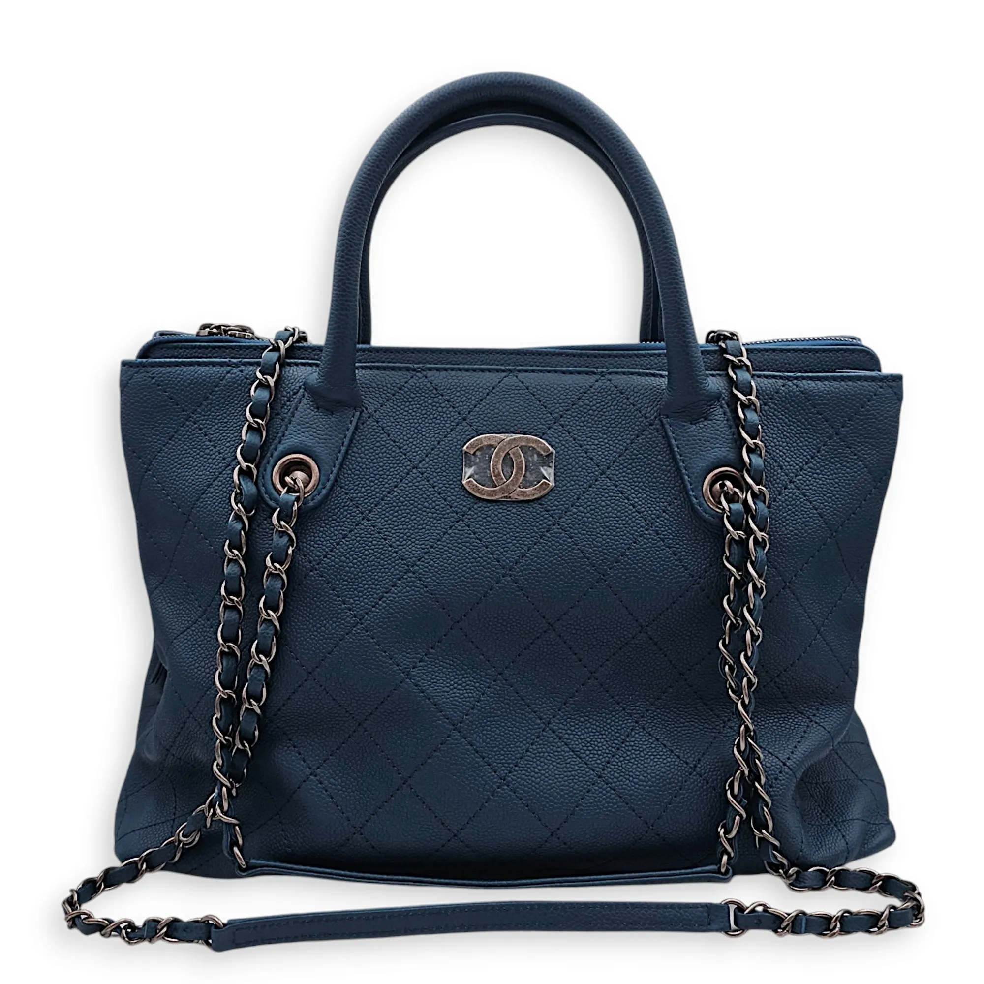 Cc Quilted 2-way Tote 36.5x25x15cm Blue Shoulder Bag in Caviar Leather, Ruthenium-finish Brass hardware