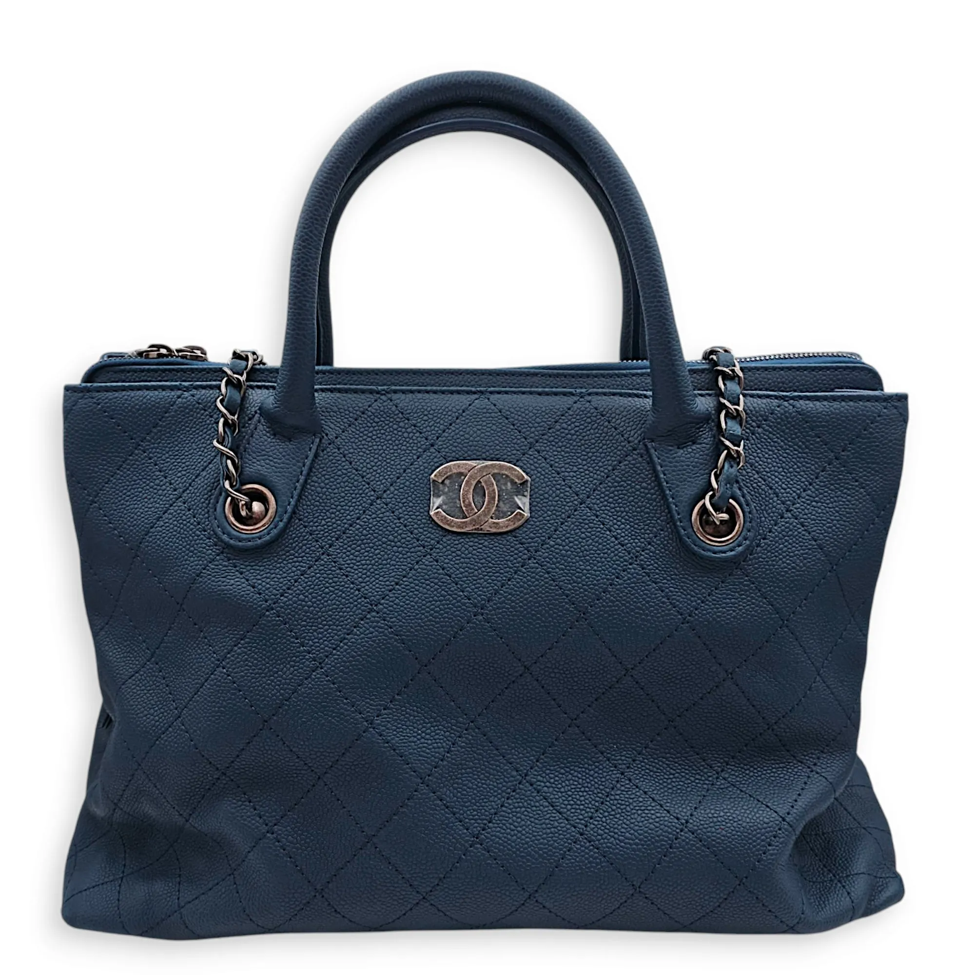 Cc Quilted 2-way Tote 36.5x25x15cm Blue Shoulder Bag in Caviar Leather, Ruthenium-finish Brass hardware