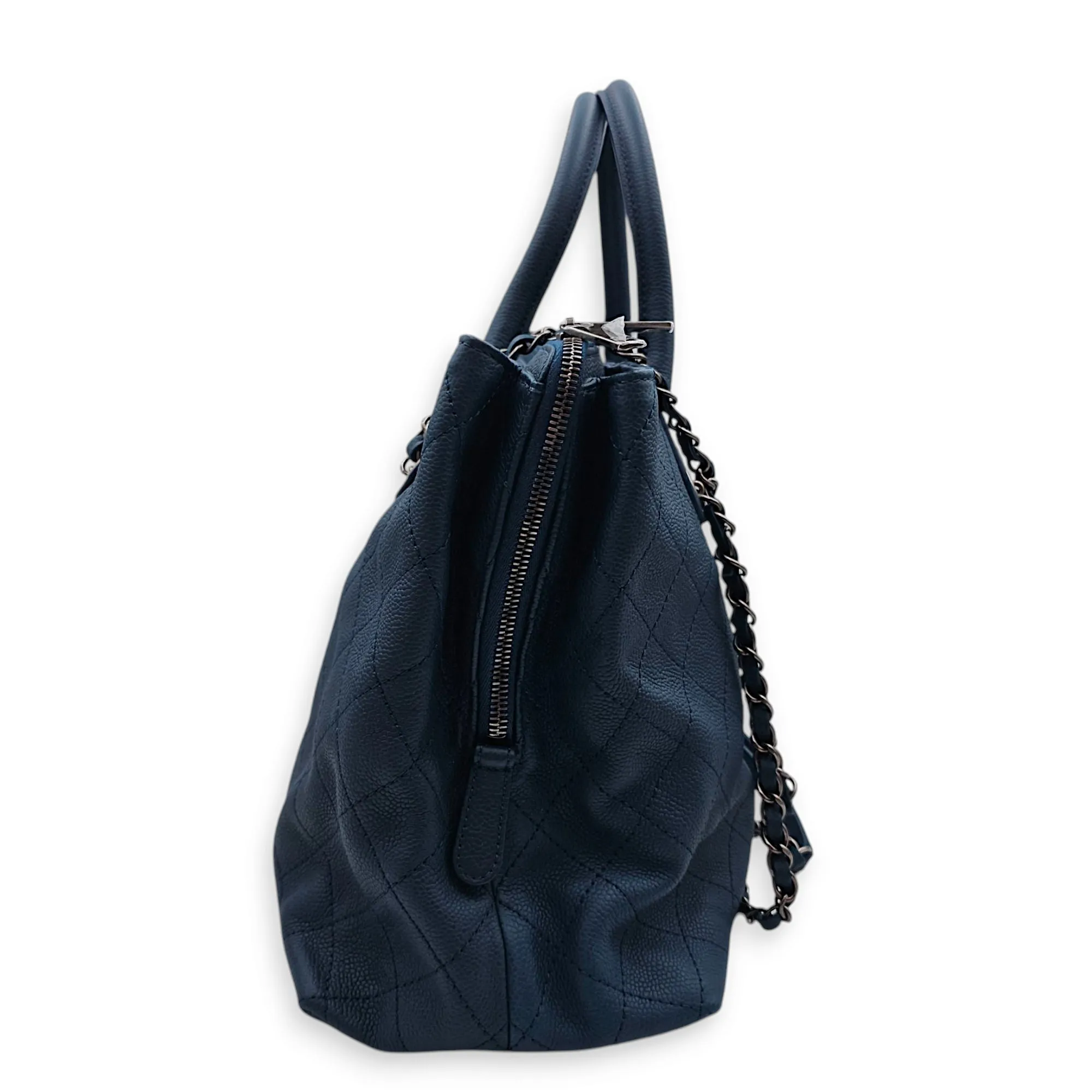 Cc Quilted 2-way Tote 36.5x25x15cm Blue Shoulder Bag in Caviar Leather, Ruthenium-finish Brass hardware