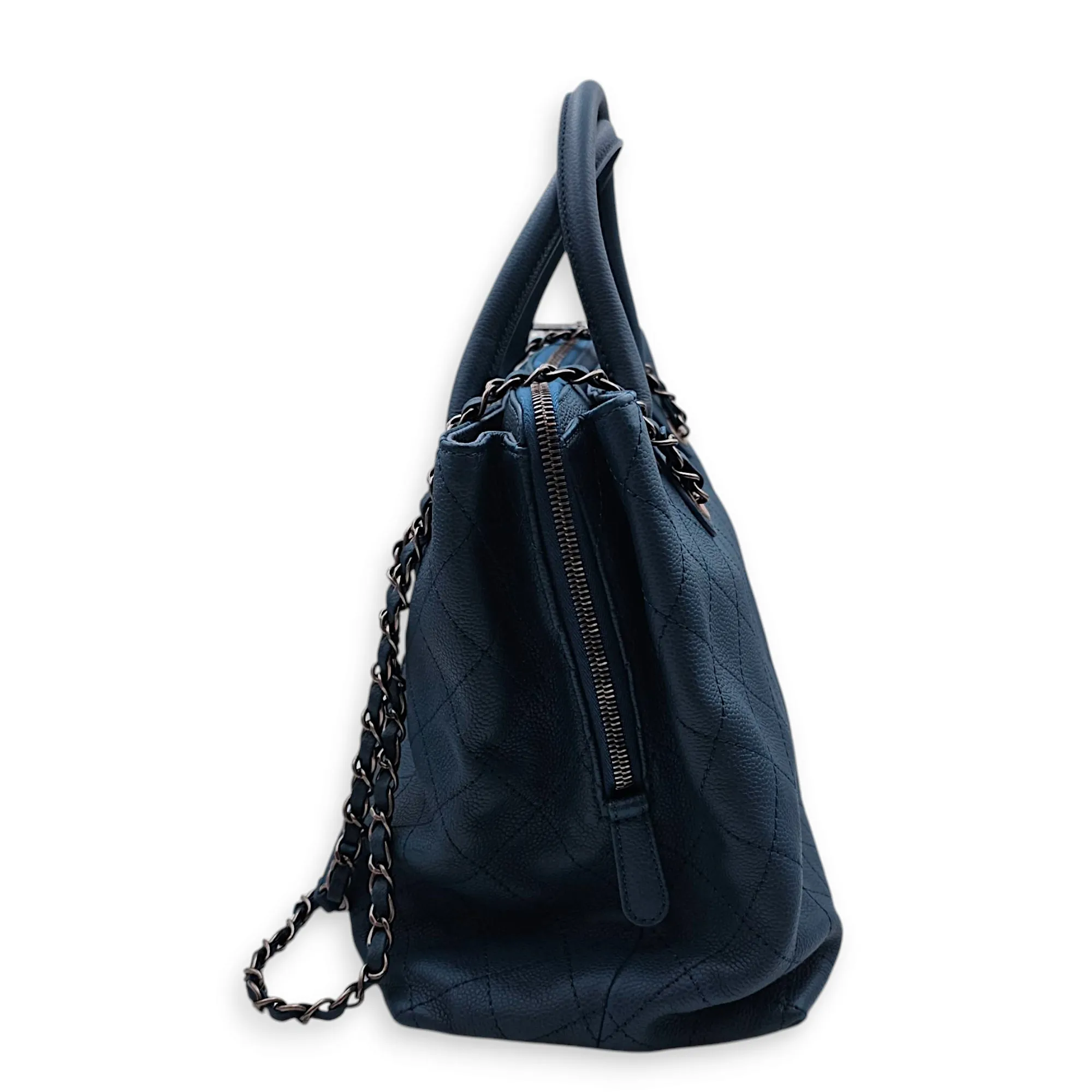 Cc Quilted 2-way Tote 36.5x25x15cm Blue Shoulder Bag in Caviar Leather, Ruthenium-finish Brass hardware
