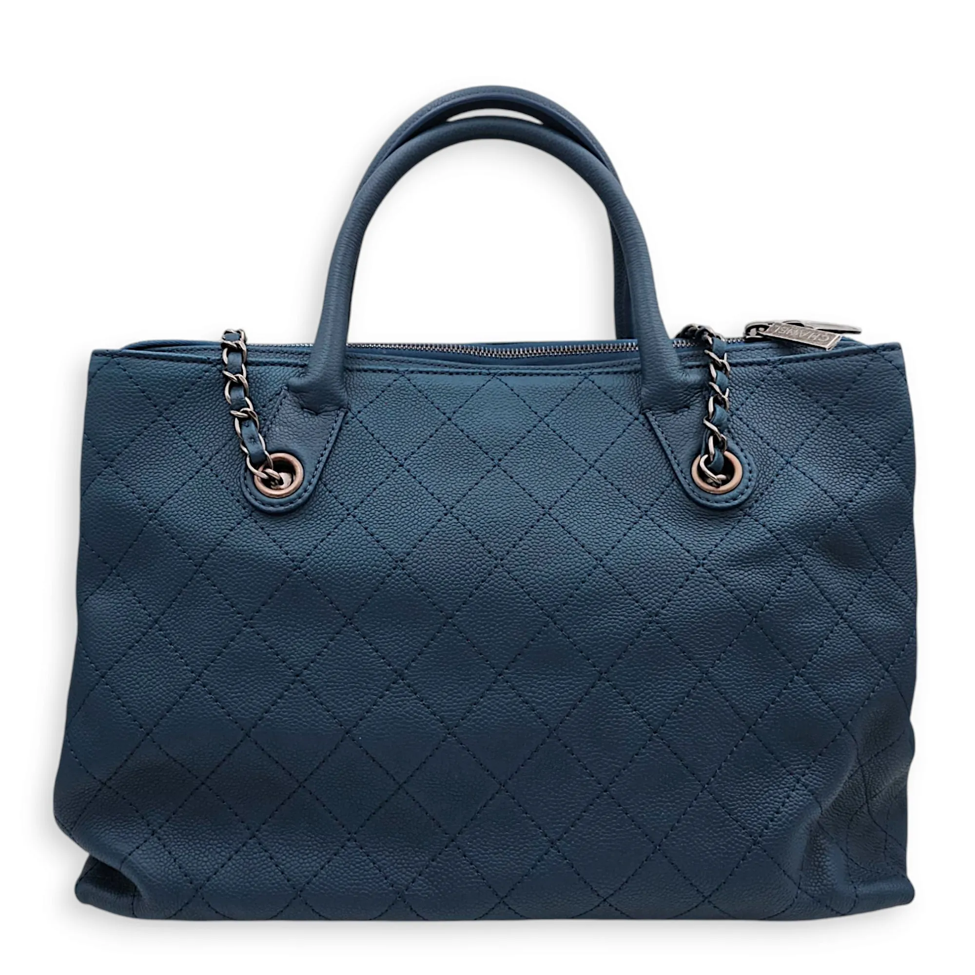 Cc Quilted 2-way Tote 36.5x25x15cm Blue Shoulder Bag in Caviar Leather, Ruthenium-finish Brass hardware