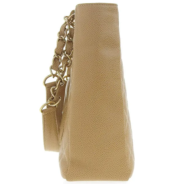 CHANEL Around 2003 Made Caviar Skin Cc Mark Stitch Chain Tote Bag Beige