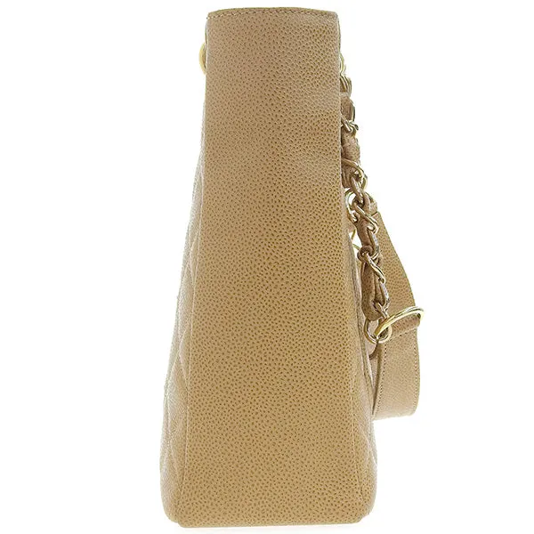 CHANEL Around 2003 Made Caviar Skin Cc Mark Stitch Chain Tote Bag Beige