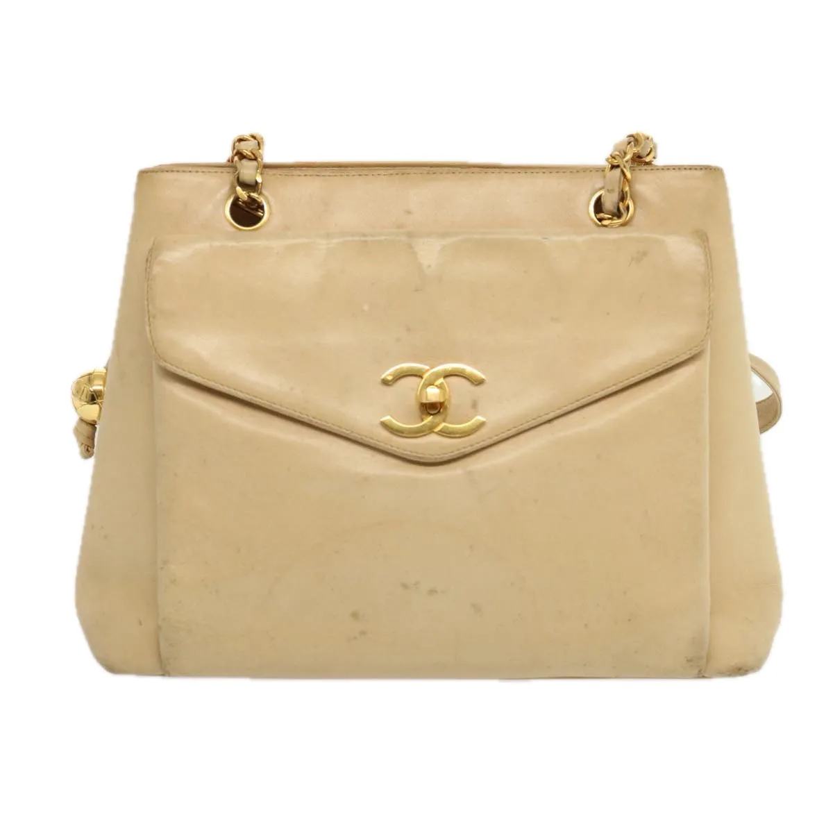 CHANEL Chain Tote Bag Leather Beige CC Auth 69975A