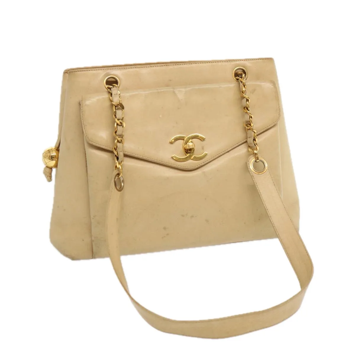 CHANEL Chain Tote Bag Leather Beige CC Auth 69975A