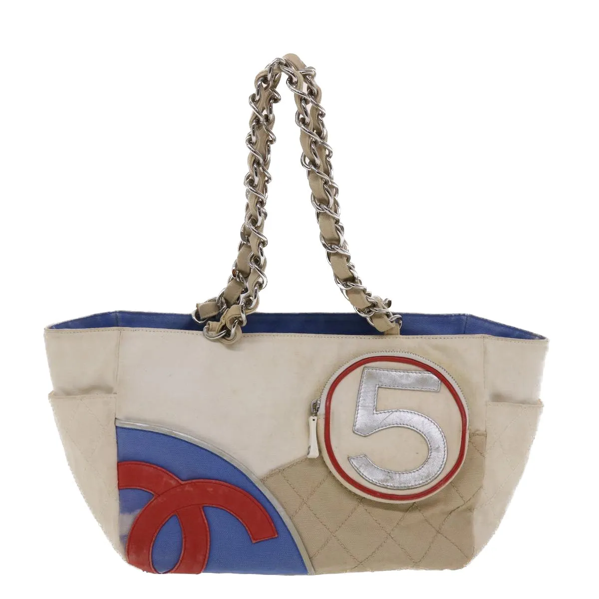 CHANEL Chain Tote Bag No5 Canvas White CC Auth 49901