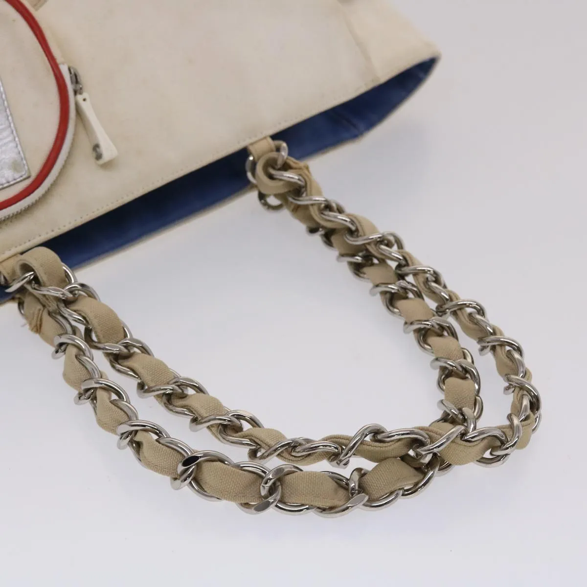 CHANEL Chain Tote Bag No5 Canvas White CC Auth 49901