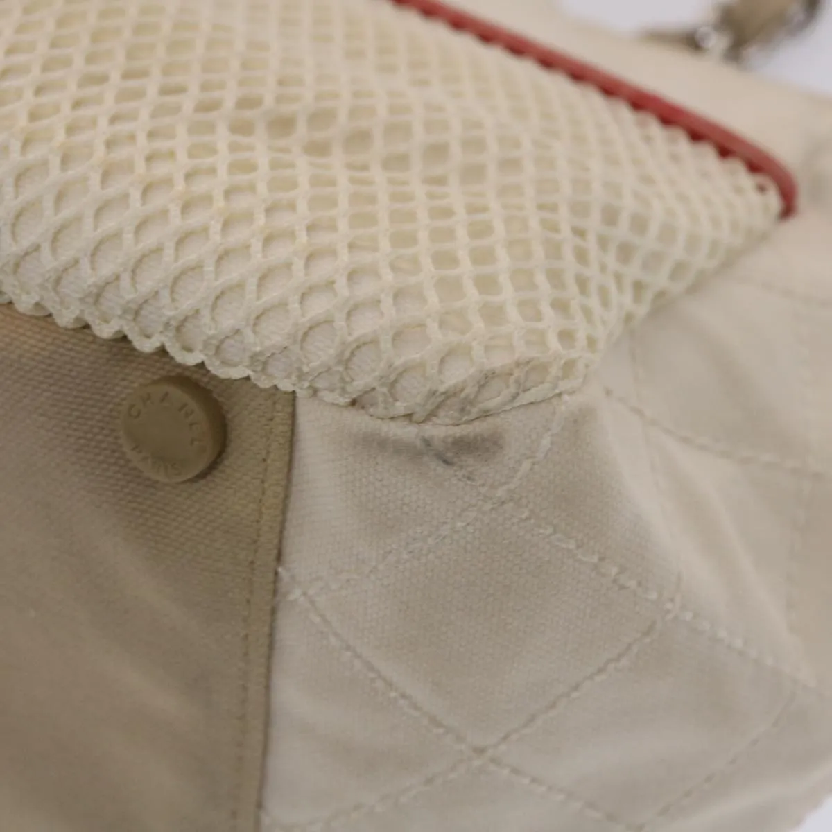 CHANEL Chain Tote Bag No5 Canvas White CC Auth 49901