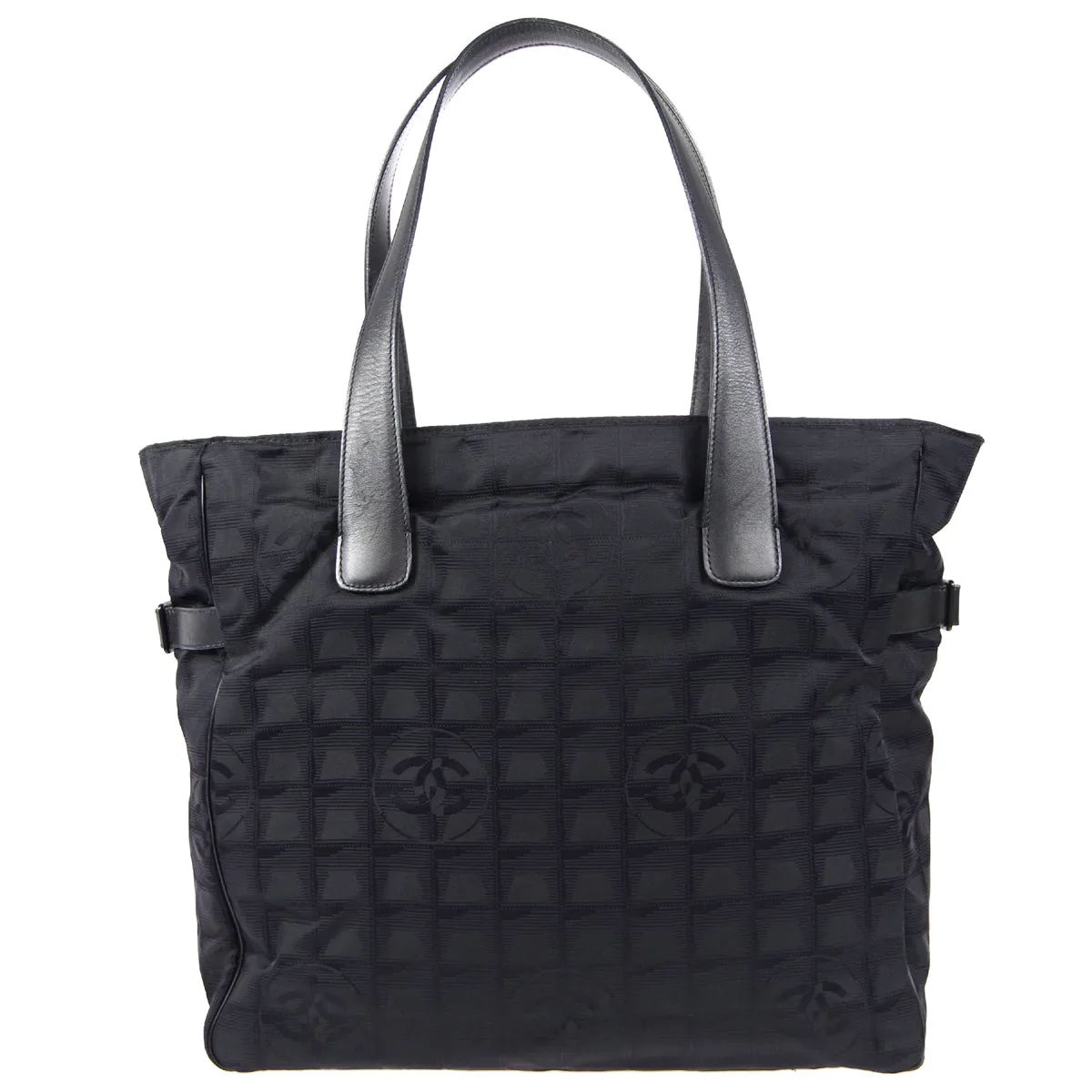 CHANEL Choco Bar Travel Line Tote Handbag Black Jacquard