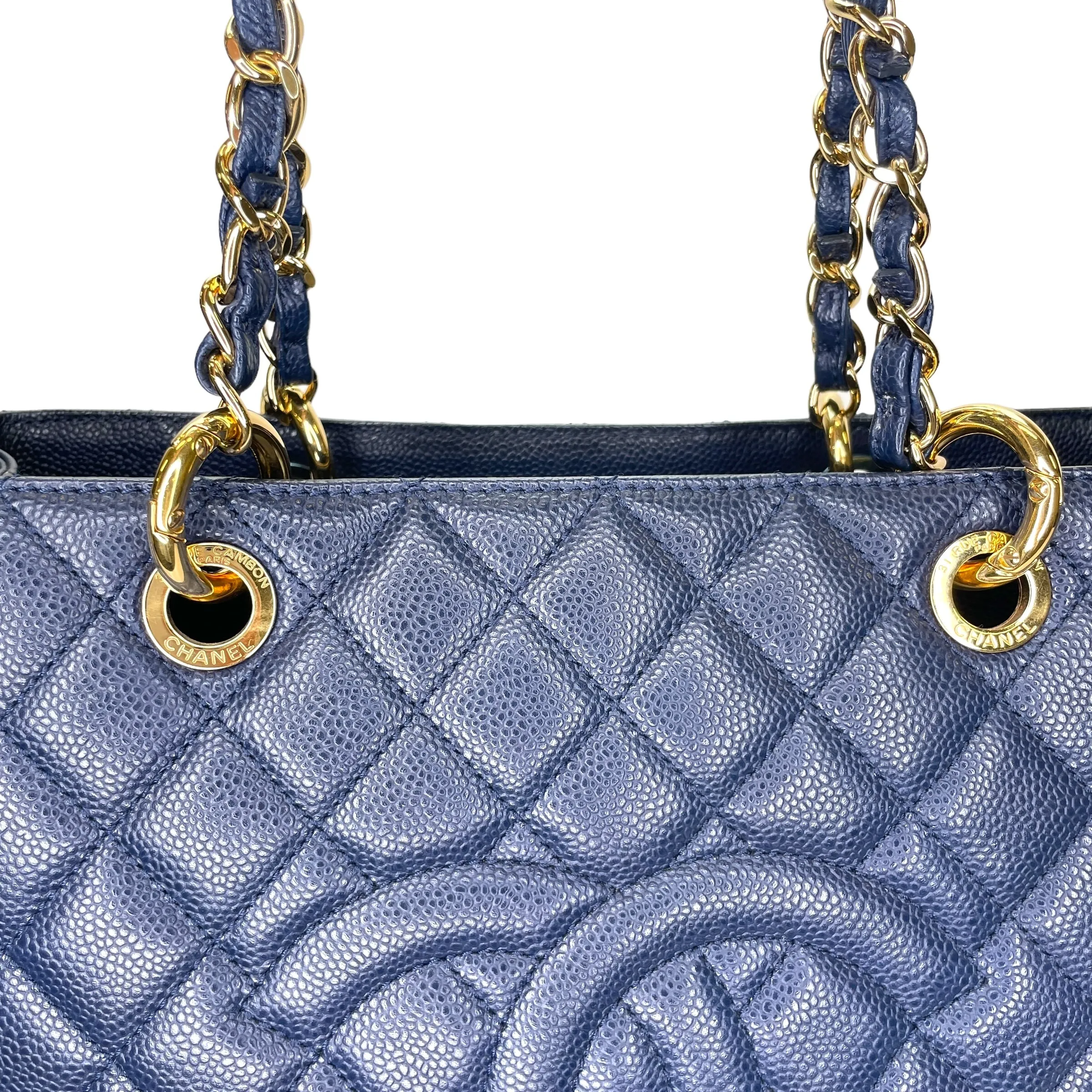 GST Medium Blue Tote Bag in Caviar Leather, Gold hardware