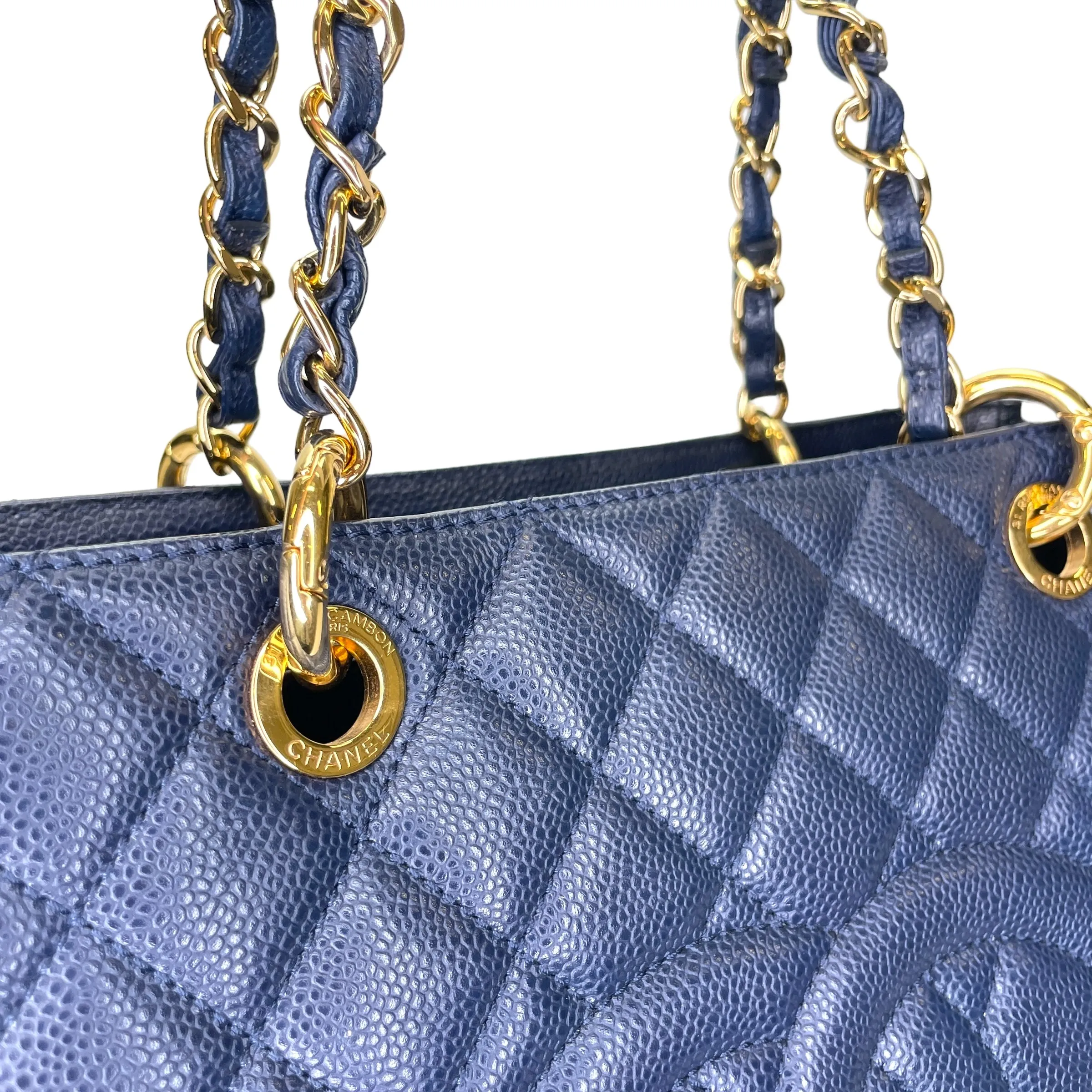 GST Medium Blue Tote Bag in Caviar Leather, Gold hardware