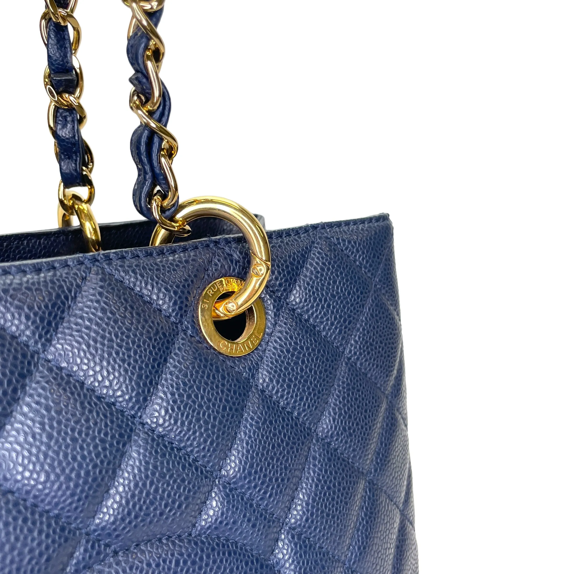 GST Medium Blue Tote Bag in Caviar Leather, Gold hardware