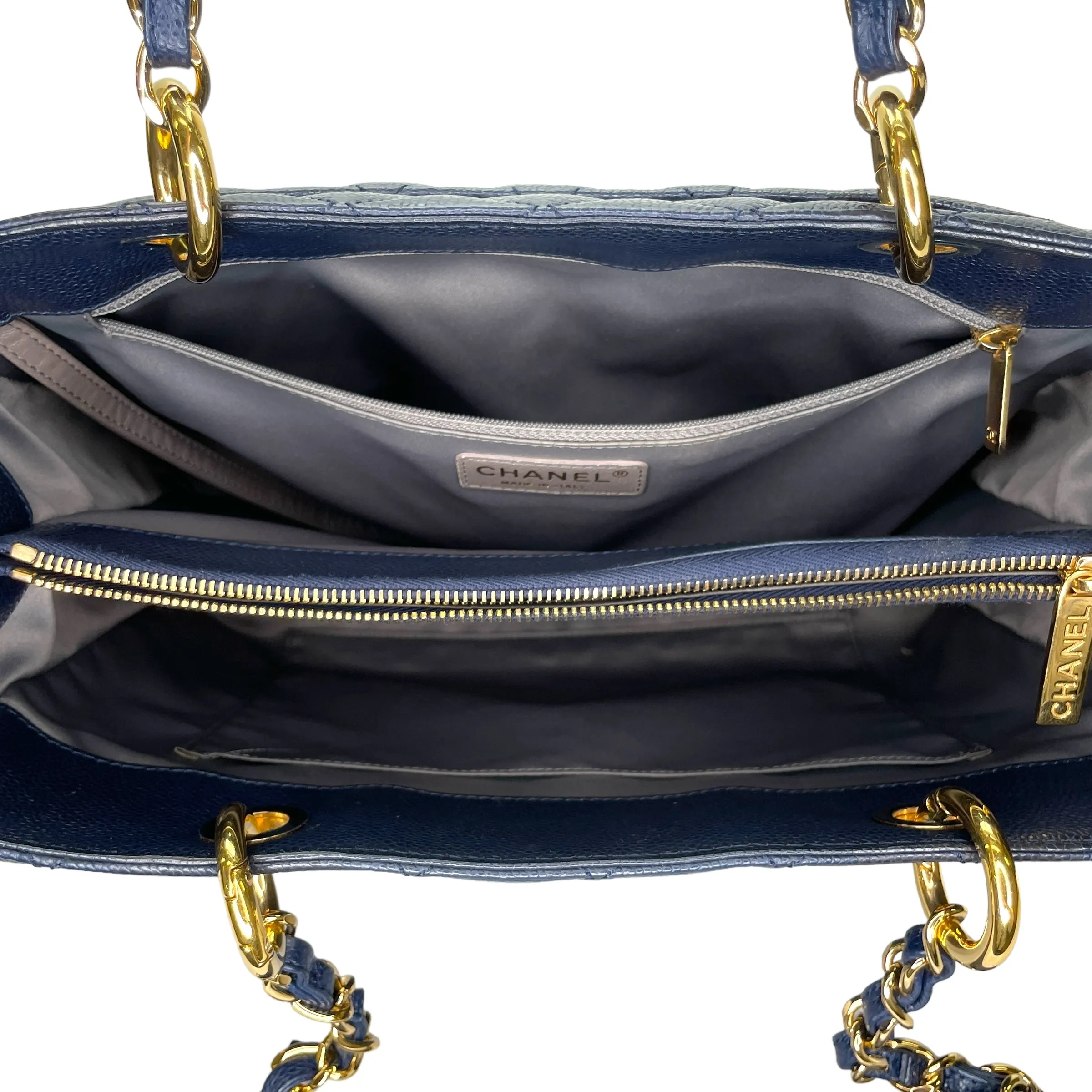 GST Medium Blue Tote Bag in Caviar Leather, Gold hardware