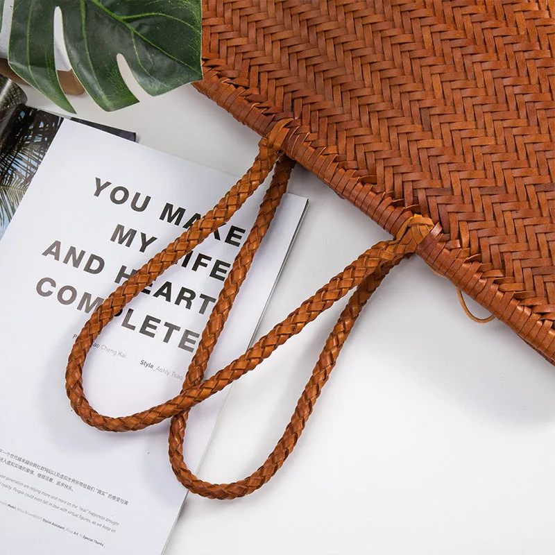 Handmade Woven Cowhide Leather Tote Bags for Women