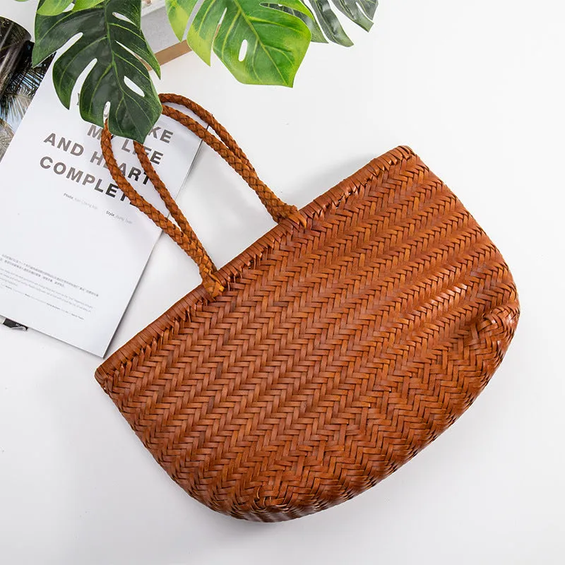 Handmade Woven Cowhide Leather Tote Bags for Women