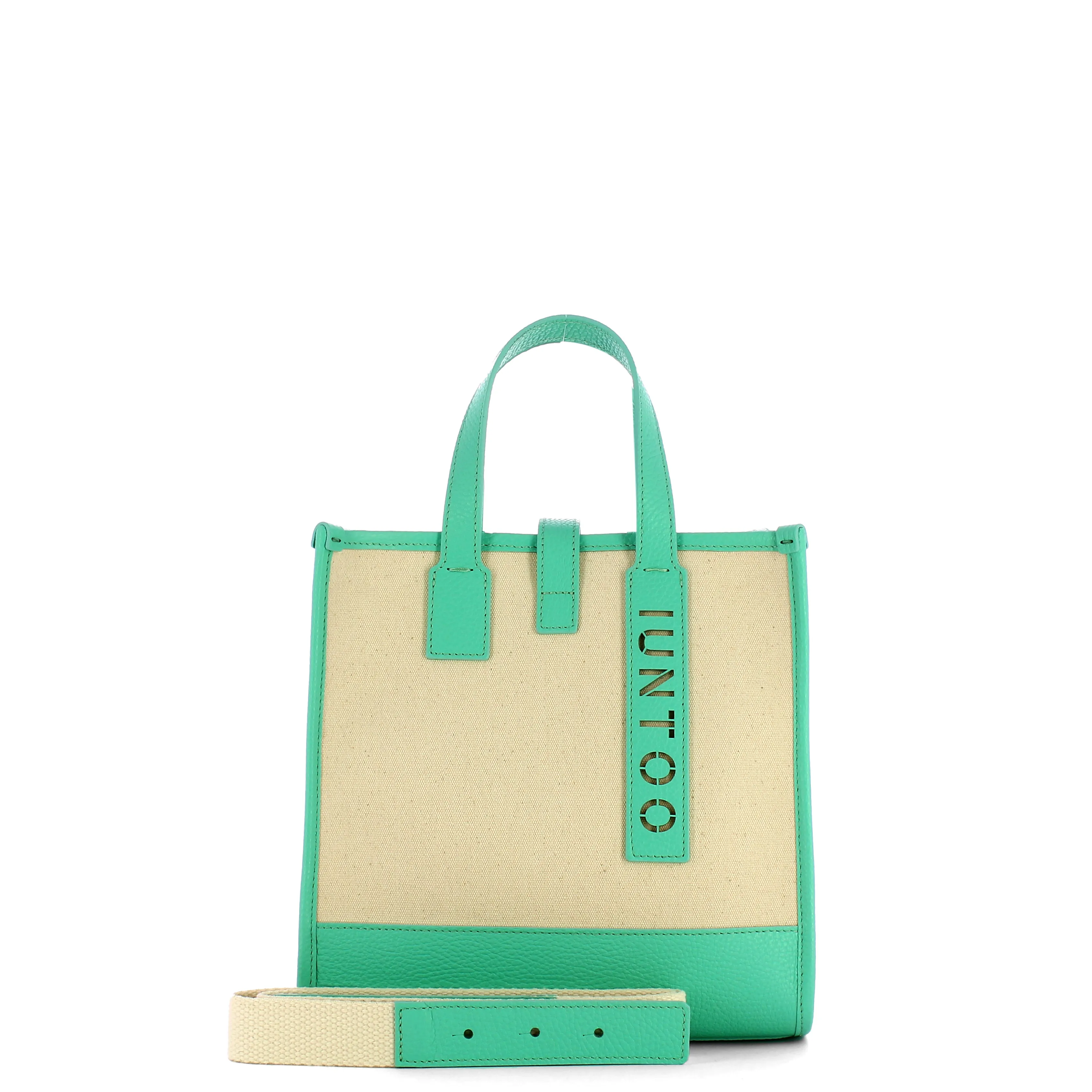 Iuntoo - Essenziale Canvas Naturale Acquamarina Small Tote - 105003 - NATURALE/ACQUAMARINA