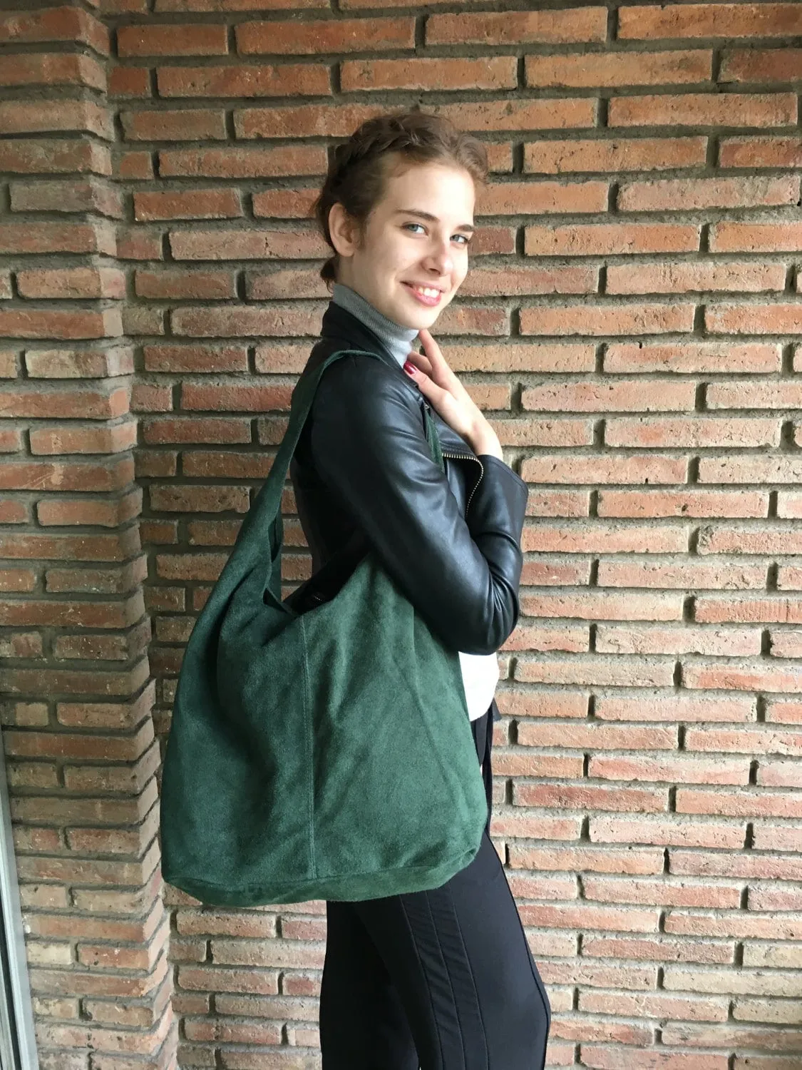 Large TOTE leather bag in GREEN . Genuine leather SLOUCH bag. Boho bag. Laptop bags in suede.Large suede leather bag.Green suede shopper bag