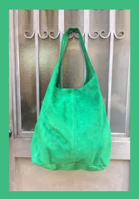 Large TOTE leather bag in GREEN . Genuine leather SLOUCH bag. Boho bag. Laptop bags in suede.Large suede leather bag.Green suede shopper bag