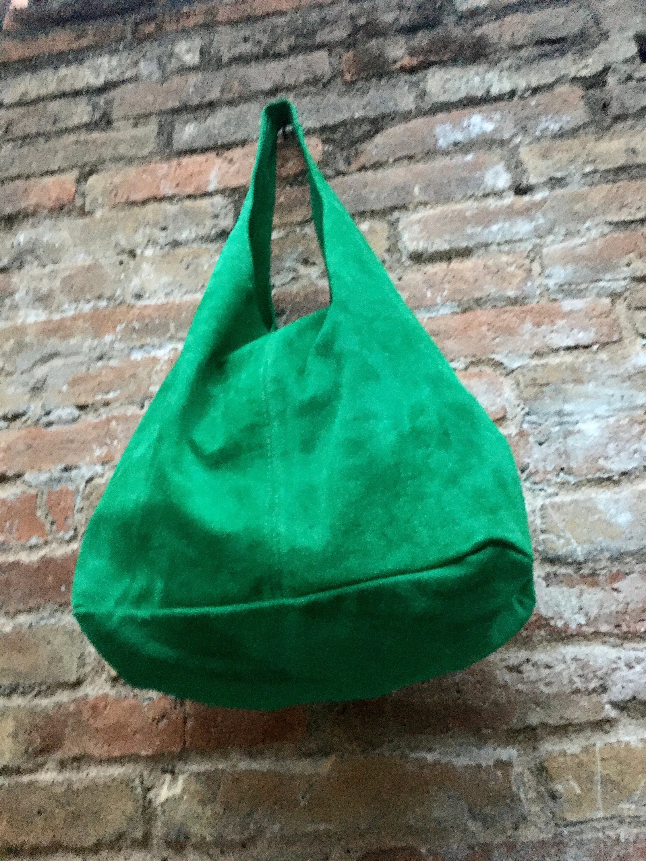 Large TOTE leather bag in GREEN . Genuine leather SLOUCH bag. Boho bag. Laptop bags in suede.Large suede leather bag.Green suede shopper bag