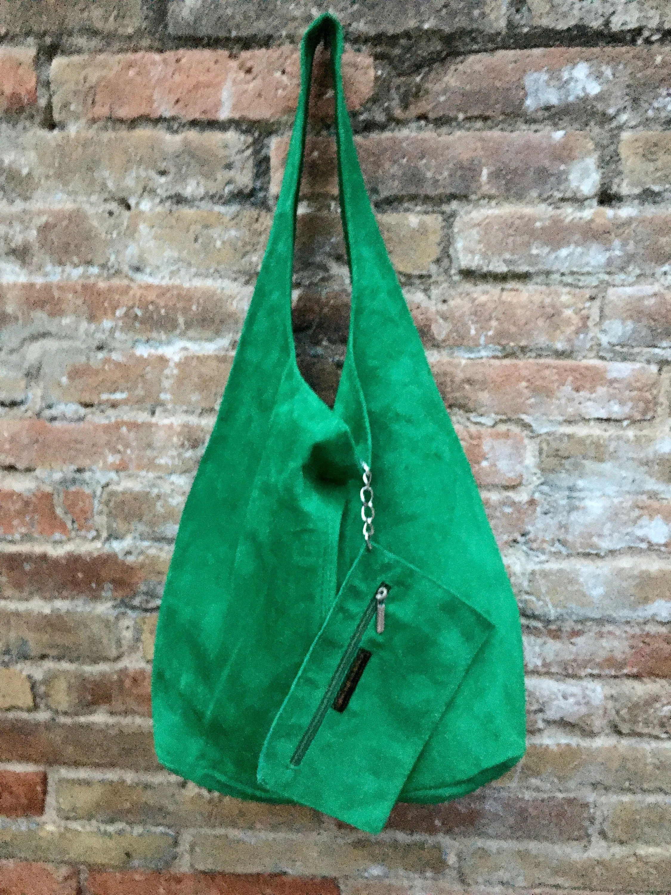 Large TOTE leather bag in GREEN . Genuine leather SLOUCH bag. Boho bag. Laptop bags in suede.Large suede leather bag.Green suede shopper bag