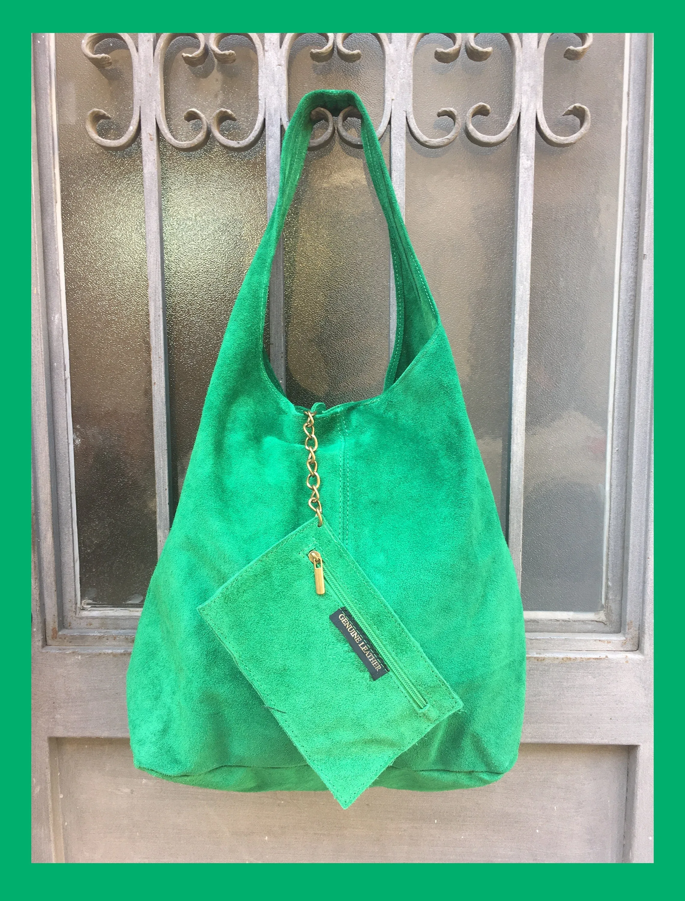 Large TOTE leather bag in GREEN . Genuine leather SLOUCH bag. Boho bag. Laptop bags in suede.Large suede leather bag.Green suede shopper bag