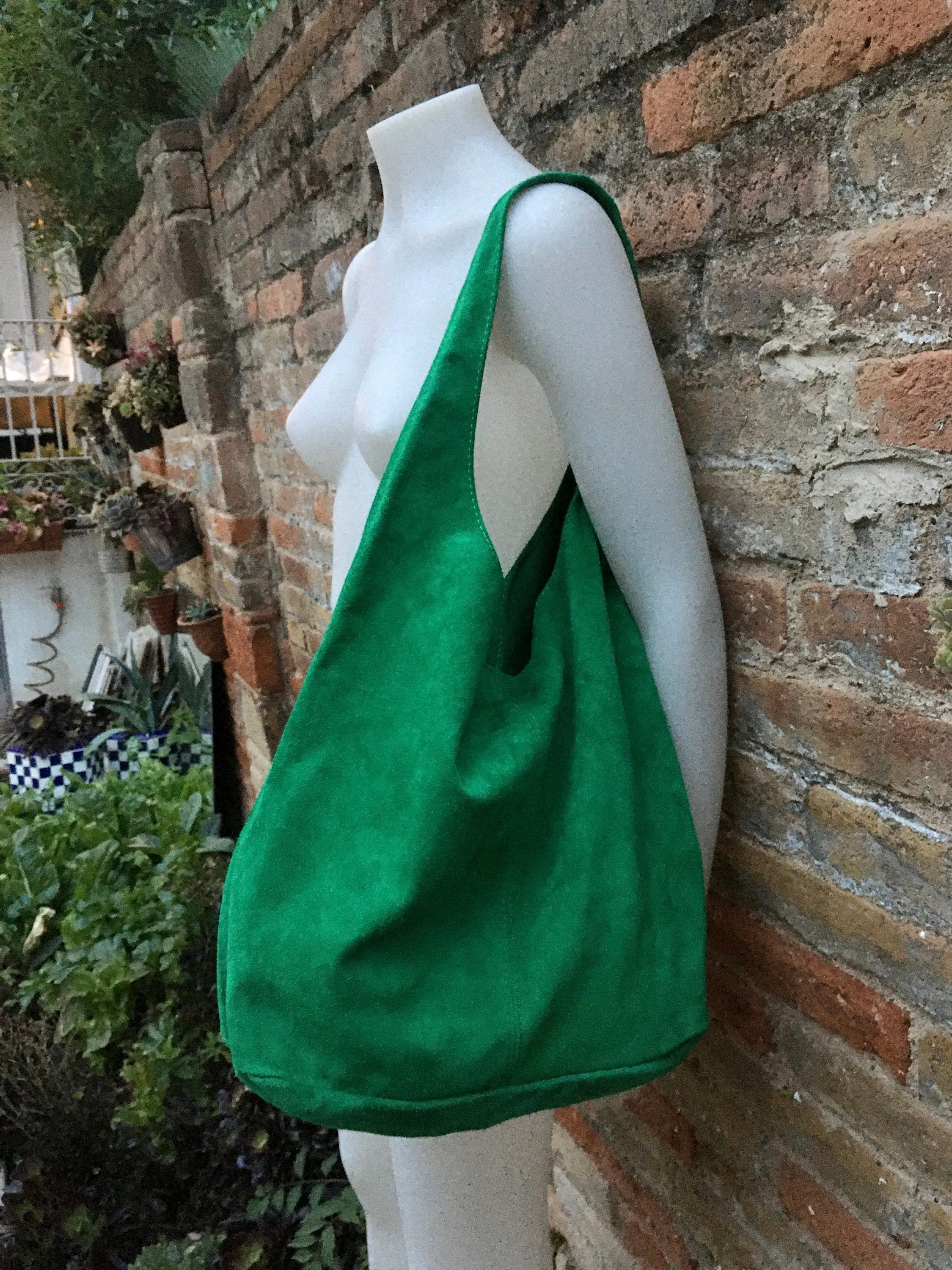 Large TOTE leather bag in GREEN . Genuine leather SLOUCH bag. Boho bag. Laptop bags in suede.Large suede leather bag.Green suede shopper bag