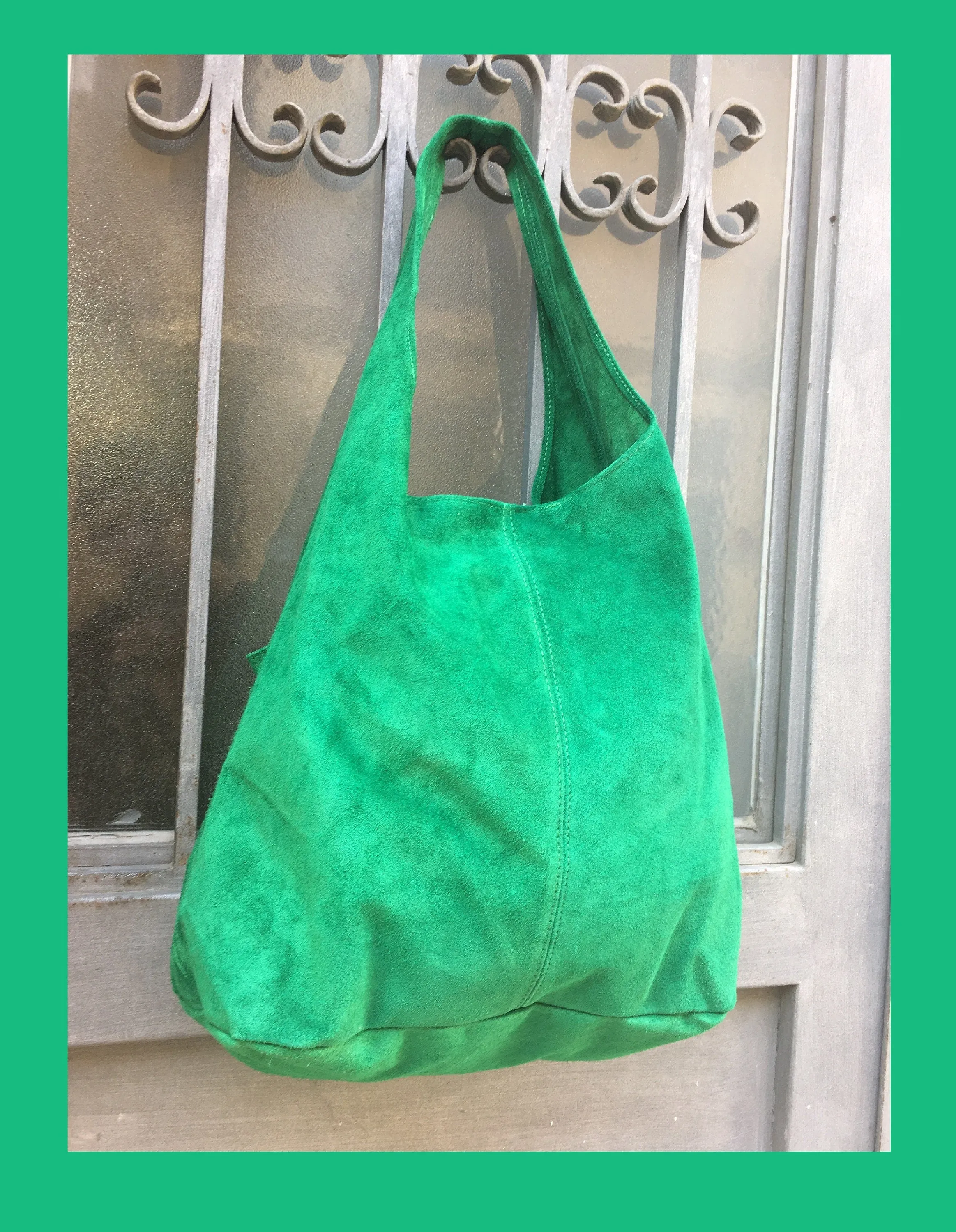 Large TOTE leather bag in GREEN . Genuine leather SLOUCH bag. Boho bag. Laptop bags in suede.Large suede leather bag.Green suede shopper bag