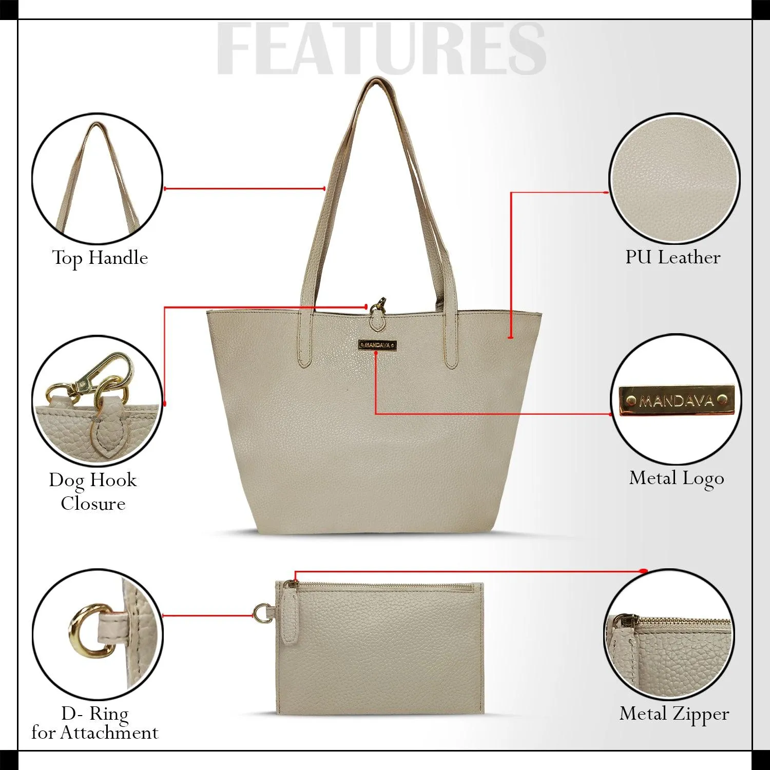 MANDAVA Women's/Ladies Top Handle PU Leather Tote Bag, Handbag with Detachable Cosmetic Pouch (Cream)