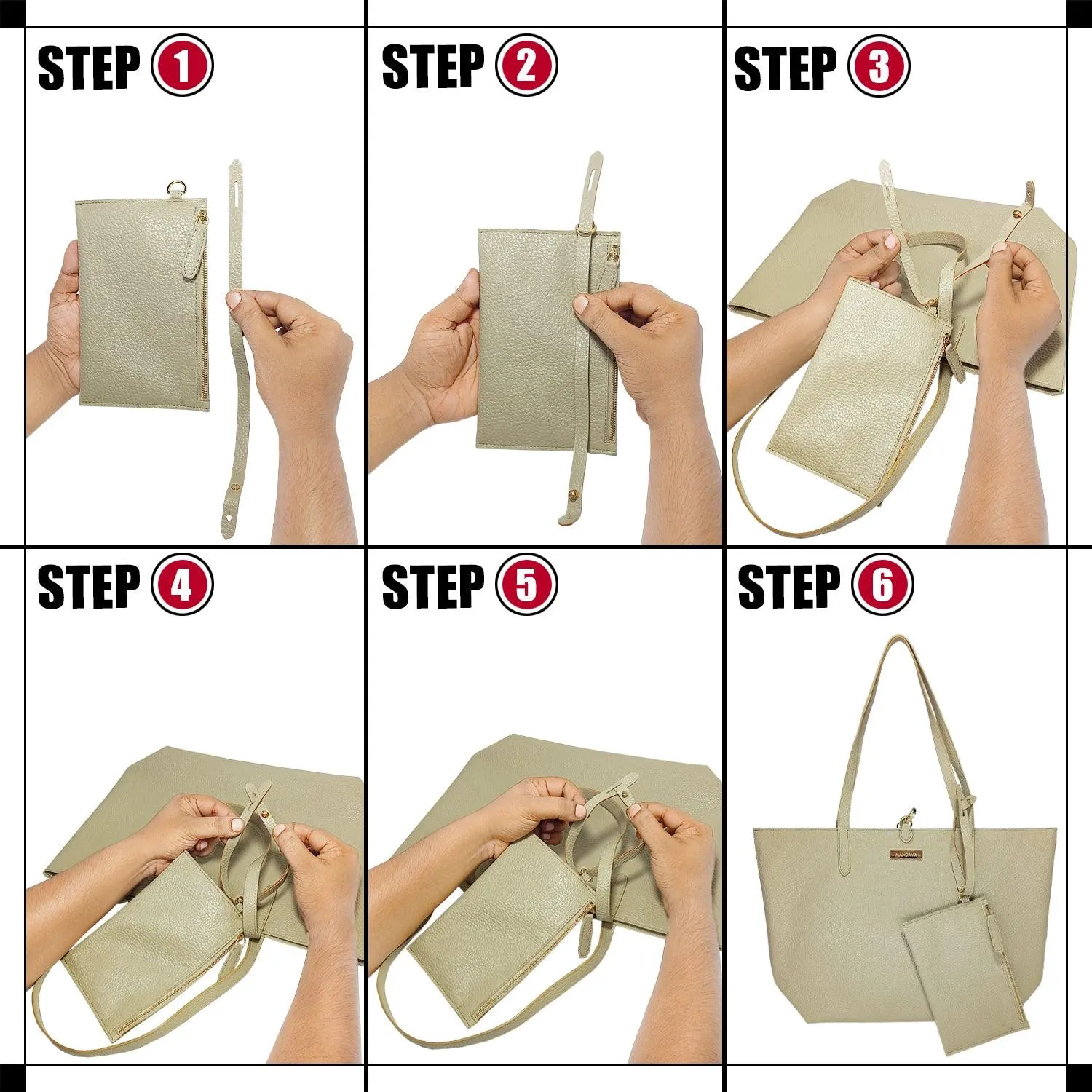 MANDAVA Women's/Ladies Top Handle PU Leather Tote Bag, Handbag with Detachable Cosmetic Pouch (Cream)